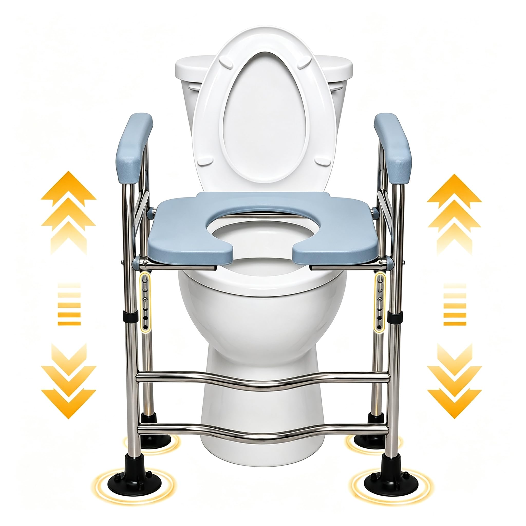 Rialzo WC con braccioli, altezza regolabile, acciaio inox 150kg per anziani | Struttura acciaio inox resistente, installazione senza foratura, supporto per alzarsi, per anziani e donne incinte