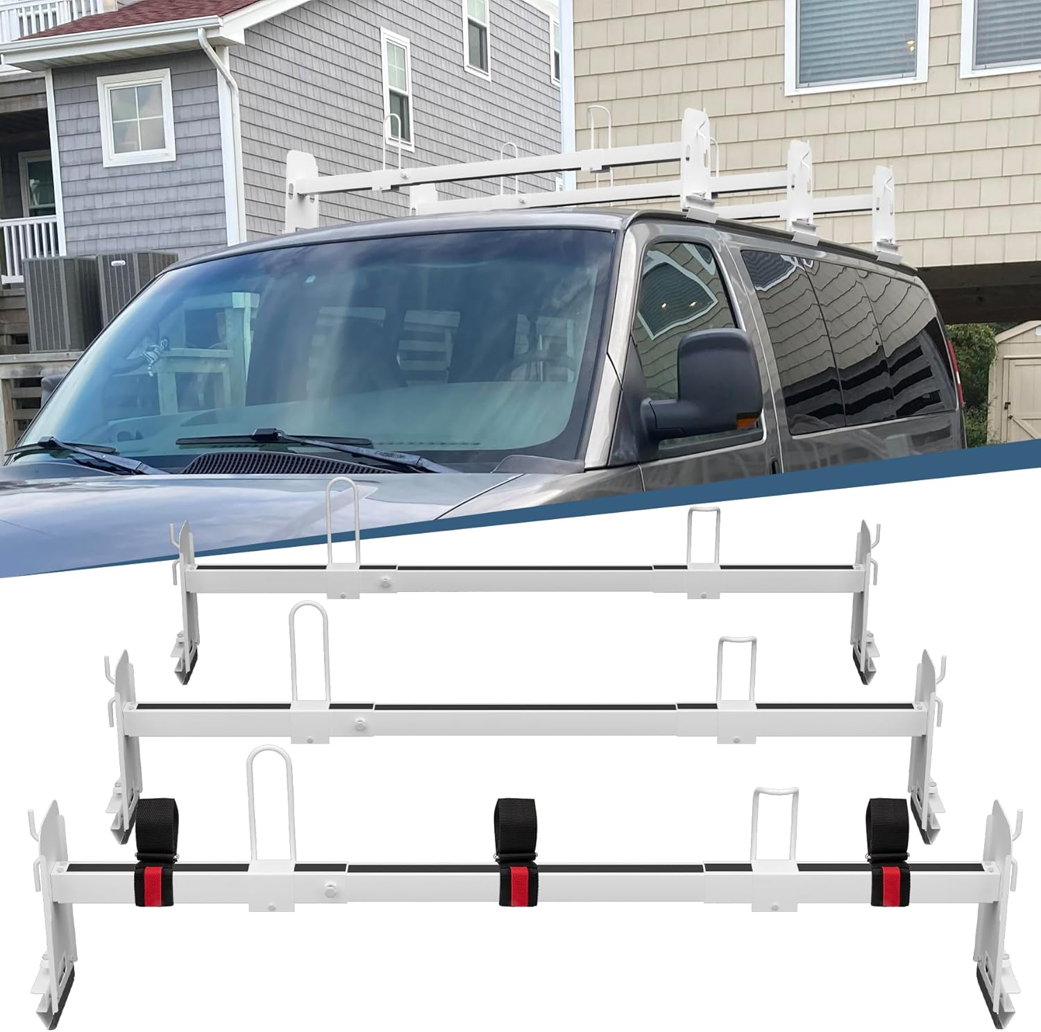Universal Van Roof Rack 3 Bar Set, Adjustable Length 41.5''- 70'', Van Roof Ladder Rack Fit for Chevy Express 1500 2500 3500 Ford Econoline GMC Savana Cargo Vans with Rain Gutter