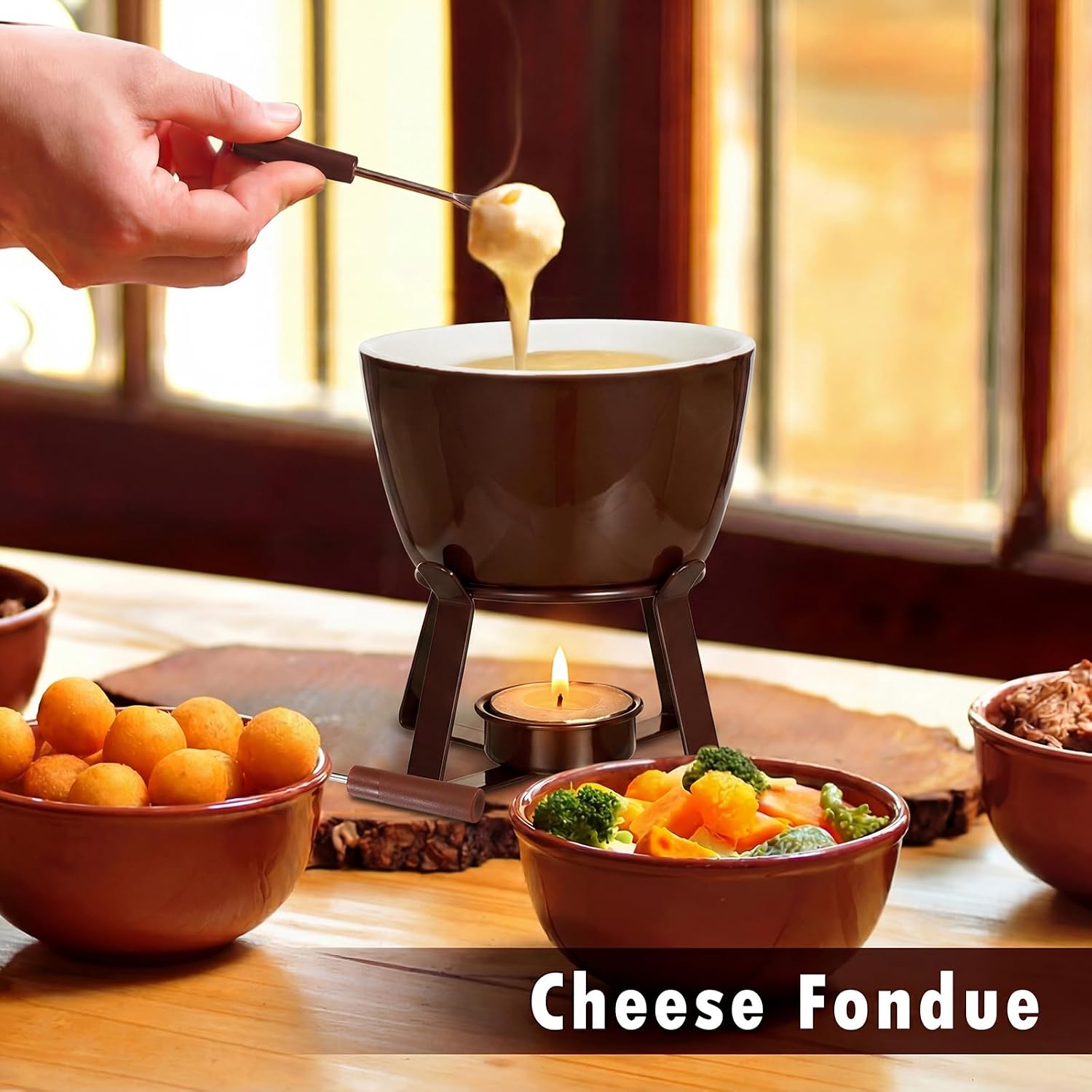 BSTKEY 320ML Ceramic Butter Warmer Set with 2 Dipping Forks, Fondue Pot Melting Pot Set, Melt Hot Pot Bowl Set for Cheese Chocolate Butter Caramel (Brown)