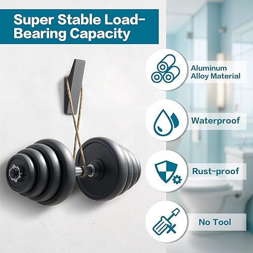 Miniatura 3 de Paquete de 4 ganchos adhesivos de pared resistentes, ganchos colgantes de aleación de aluminio sin taladrar para toallas, abrigos, sombreros,