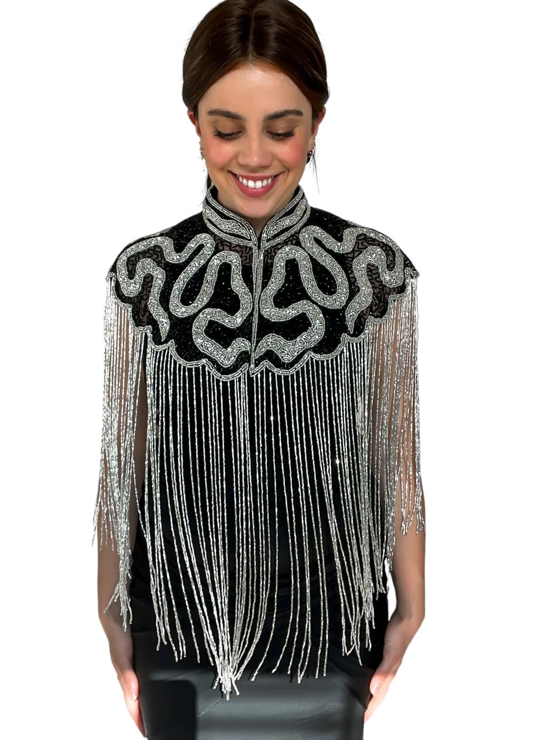 Zarinivas Women's Designer Black Beaded Cape Top with Silver Beaded Fringe Embroidered High Neck Jacket Style Shrug-image-37