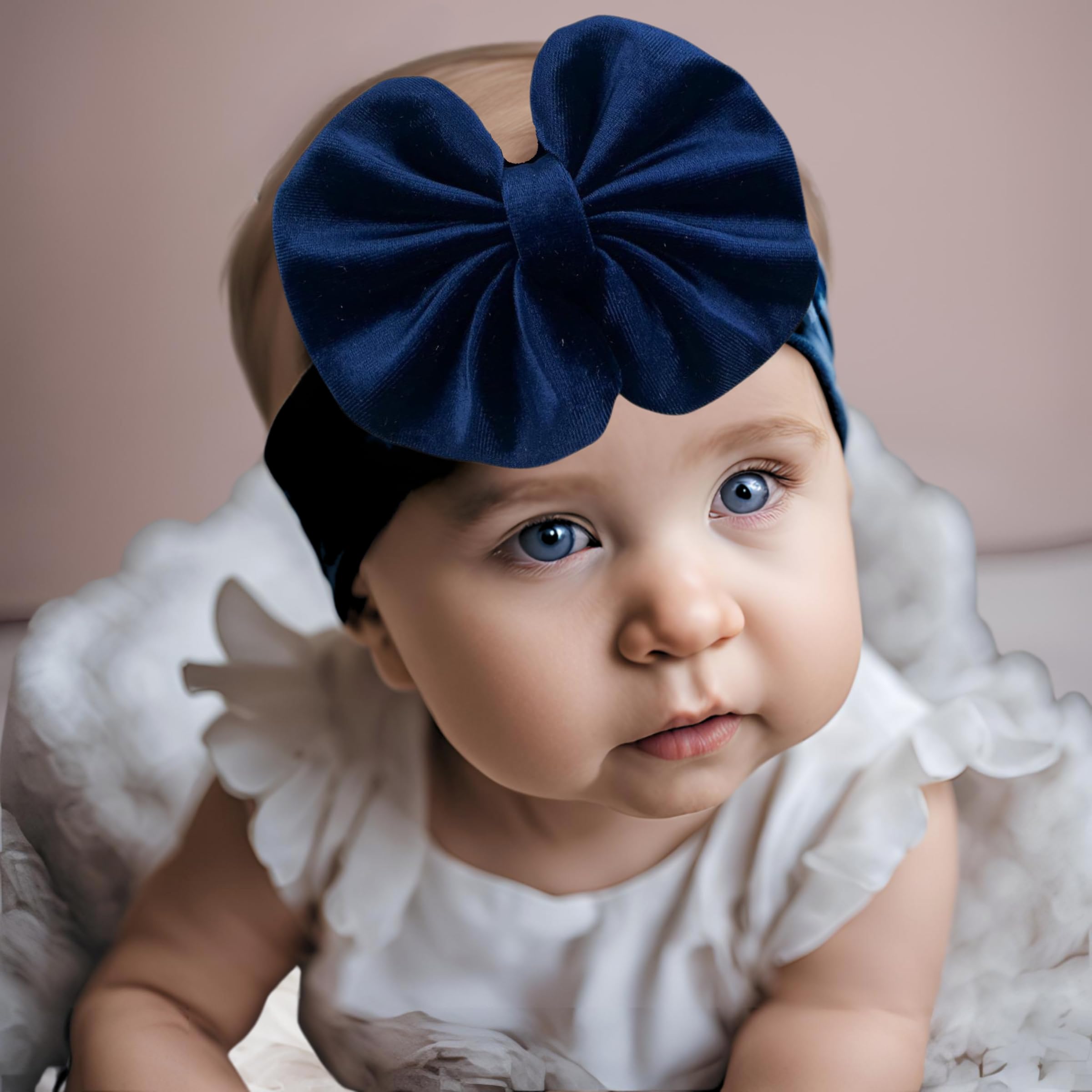 Fascetta per Capelli Neonata con Fiocco in Velluto-Fascia per capelli Bambina (da 3 a 18 mesi) (Blu navy, Da 3 a 18 mesi)