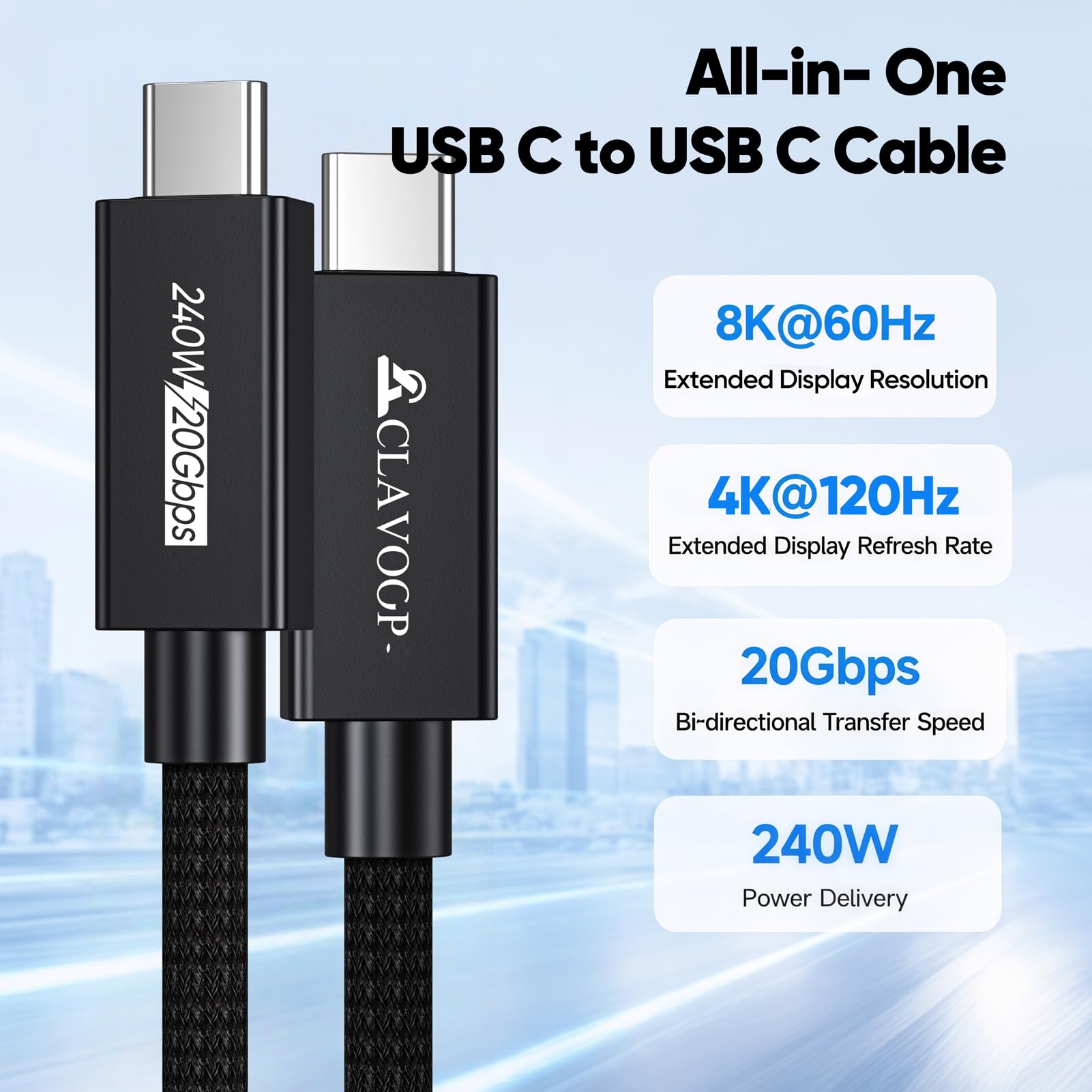 Cable de monitor USB C de 6 pies, 8K a 60 Hz/4K a 144 Hz, transferencia de