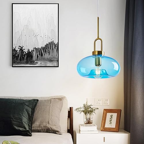 Miniatura 3 de Light Blue Glass Pendant Lights Kitchen Island Gold Pendant Light Fixtures Adjustable Height Modern Pendant Lighting for Bedroom Dining Room (1-Pack)