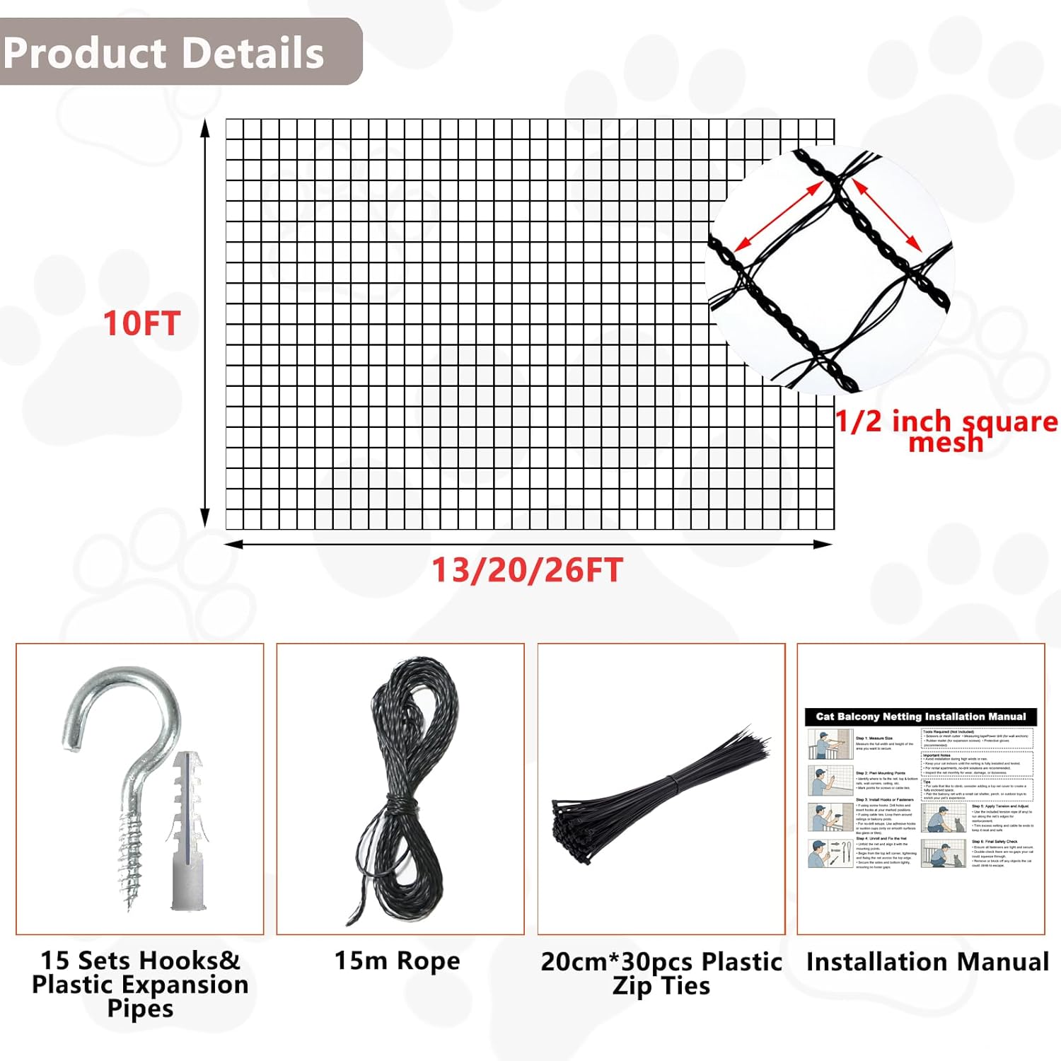 POYEE 10X26FT Cat Netting Balcony Protection Cat Barrier Balcony Safety Mesh Screen for Pets Catio for Apartment Balcony Window Stairs