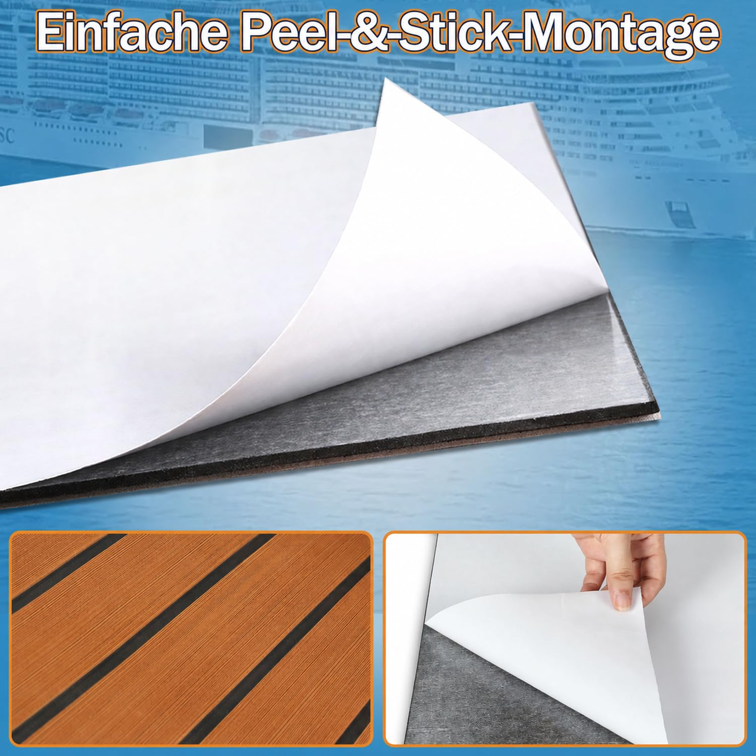 𝐎𝐥𝐥𝐞𝐰𝐢𝐞𝐥𝐥𝐚𝐧 EVA Schaum Bootsbodenbelag 240 x 90 cm Braun, selbstklebende Bodenmatte in Teak Optik, rutschhemmender Marineteppich zum Zuschneiden für Yacht, Wohnmobil und Pooldeck