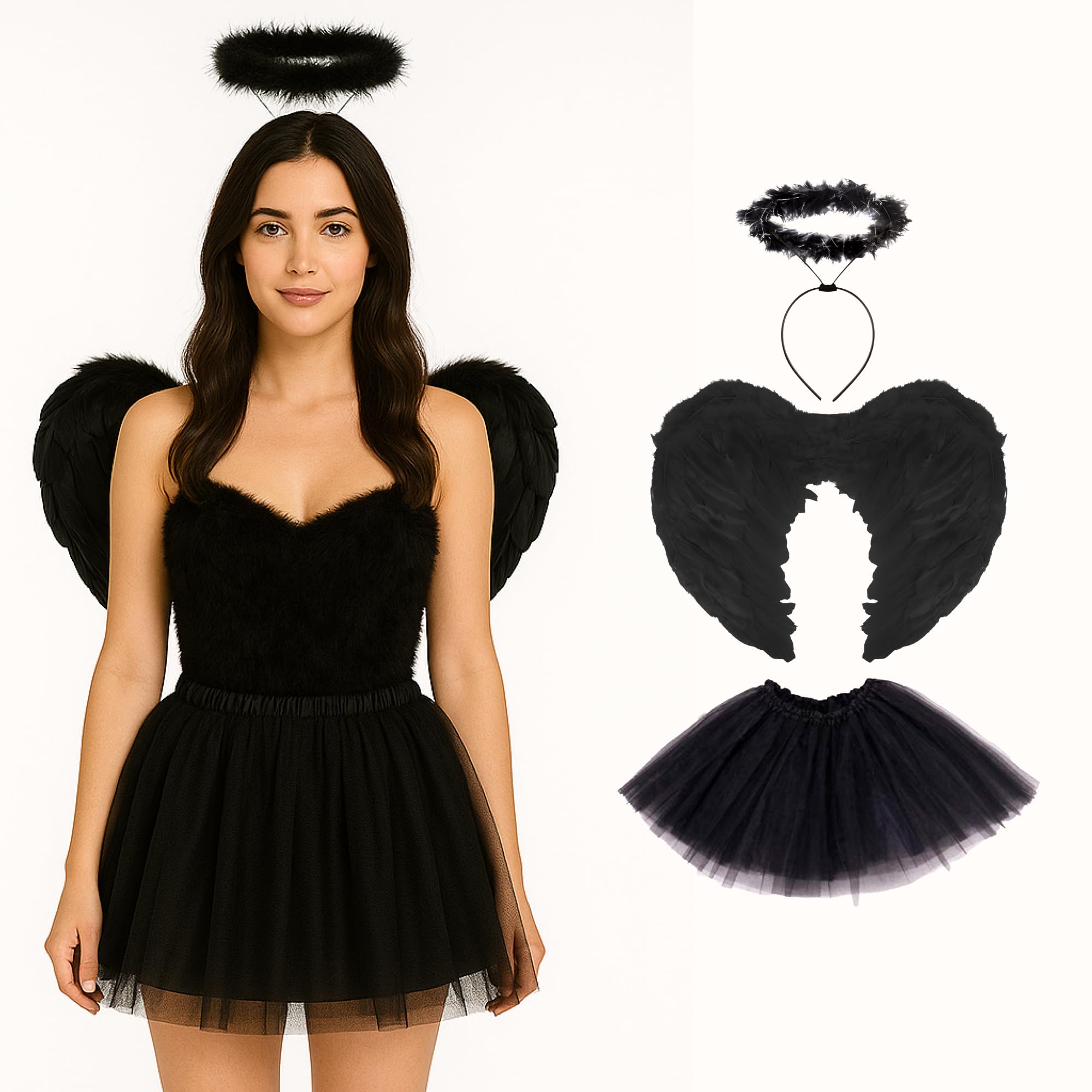 Lizzy Adult Fairy Angel Costume | Women’s Fancy Dress Outfit with Halo, Feather Wings & Tutu Skirt | Ladies Halloween, Christmas, Carnival & Party Costume Accessories (Black Angel) — image 1