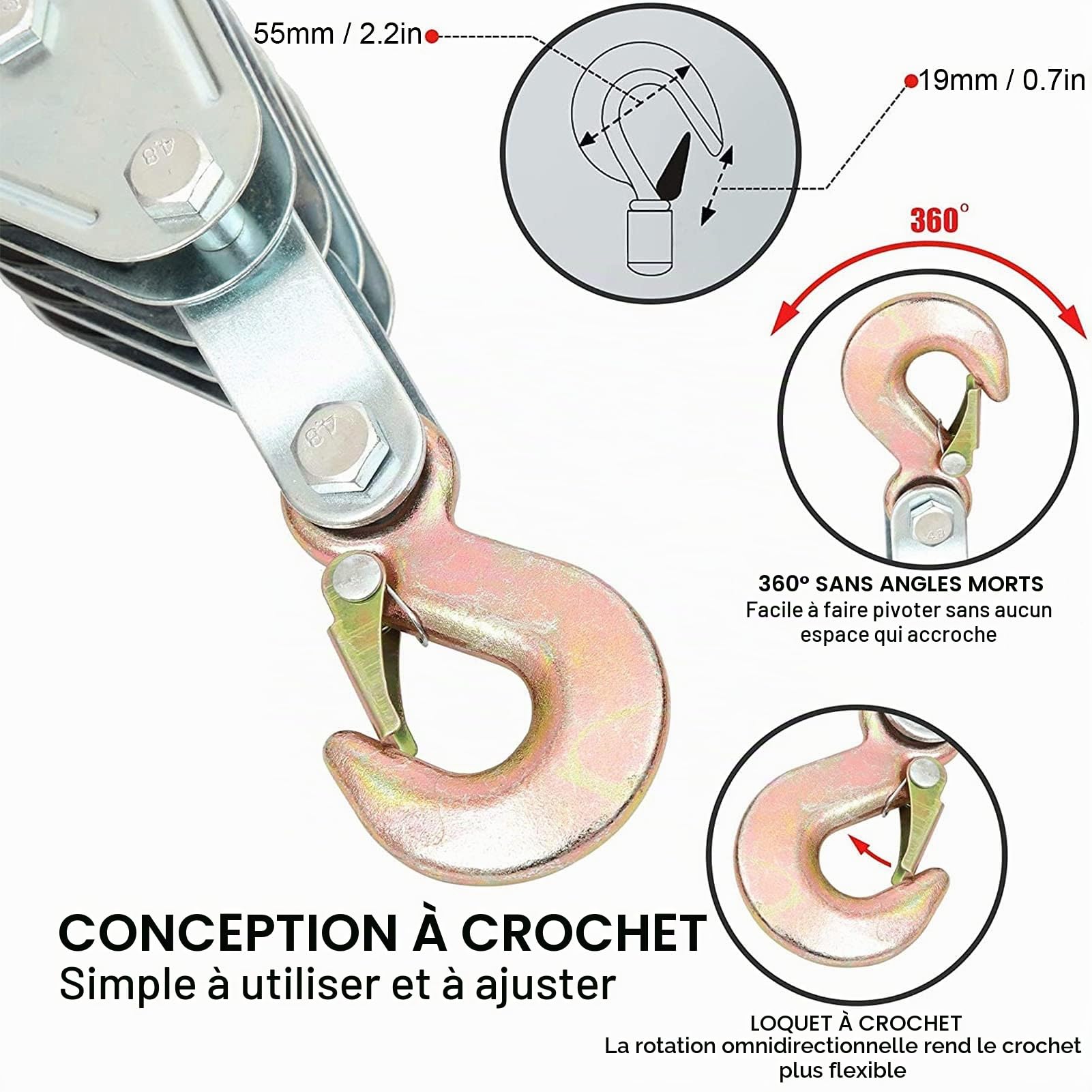 Palan à 4 Voies, Hauteur 2,5 m, Charge Max 2000 kg, câble et Corde en Nylon, poulie de Levage avec Crochet en Acier galvanisé