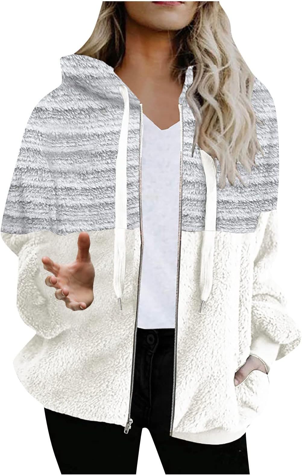 RMXEi Women's Fashion Color Blocking Hooded Stitched Long Sleeve Zipper Plush Sweater