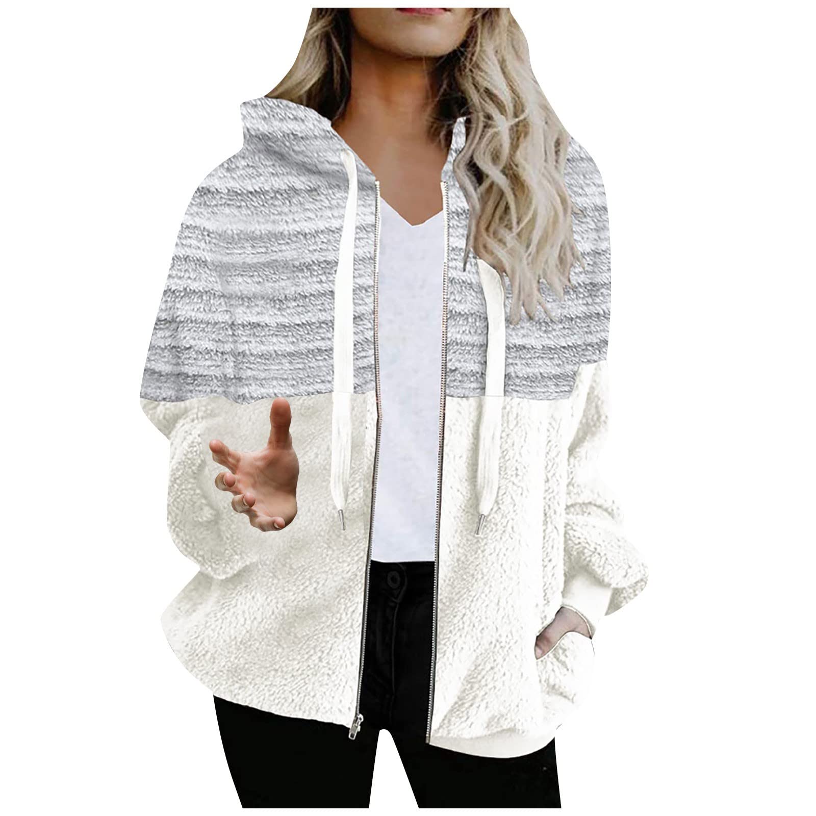 RMXEi Women's Fashion Color Blocking Hooded Stitched Long Sleeve Zipper Plush Sweater