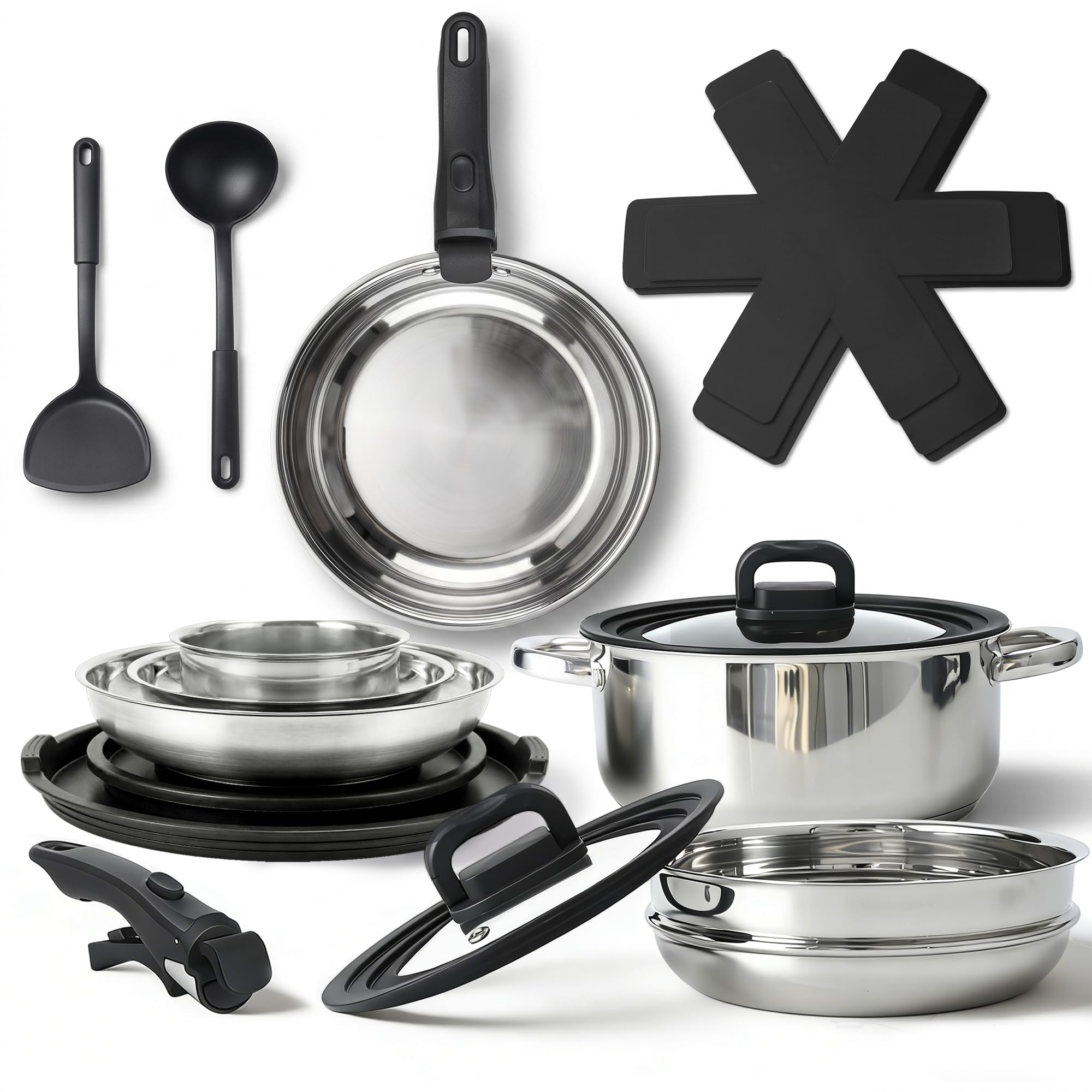 Citybee17‑teiliges Edelstahl Topfset, Camping Topfset & abnehmbaren Griffen