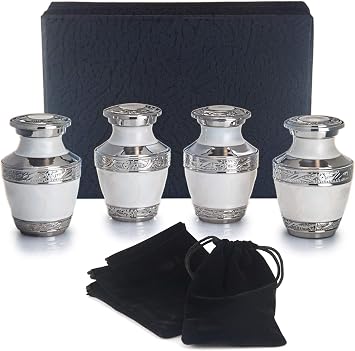BOLD & DIVINE Small Heavenly Peace Pearl White Keepsake Urns | For Human Ashes | Handcrafted | 3" Tall Mini Urn Set of 4 with Individual Velvet Bags