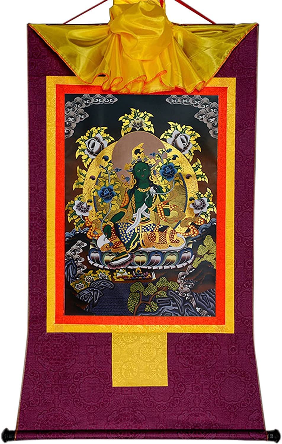 VHKJewE Green Tara,Khadiravani, Buddhist Thangka Brocade,Black Type(Purple,Large(85cm*63cm))