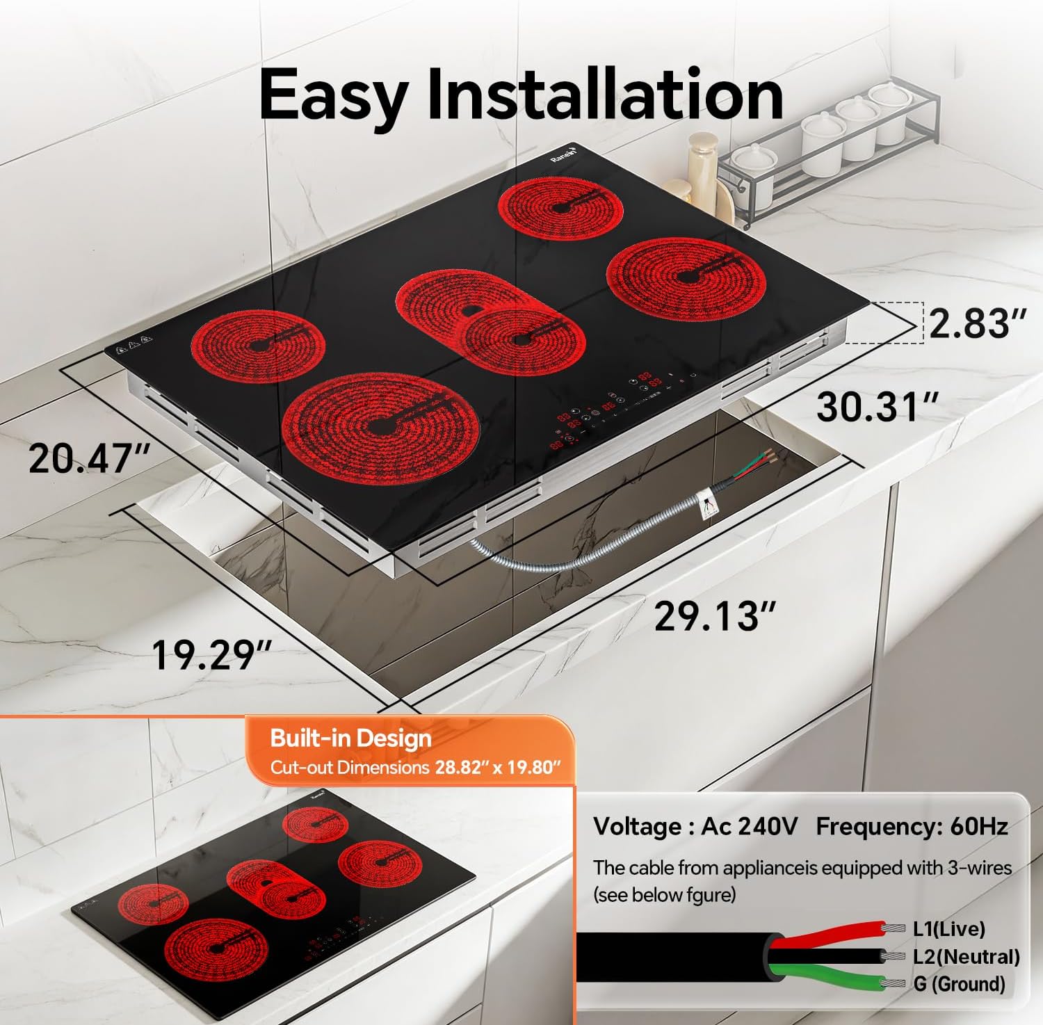 Ranein Electric Cooktop with 5 Burners, 30 inch 8800W 240V Ceramic Panel Electric Cooktop, Multiple Safety Protections Stove, Touch Screen