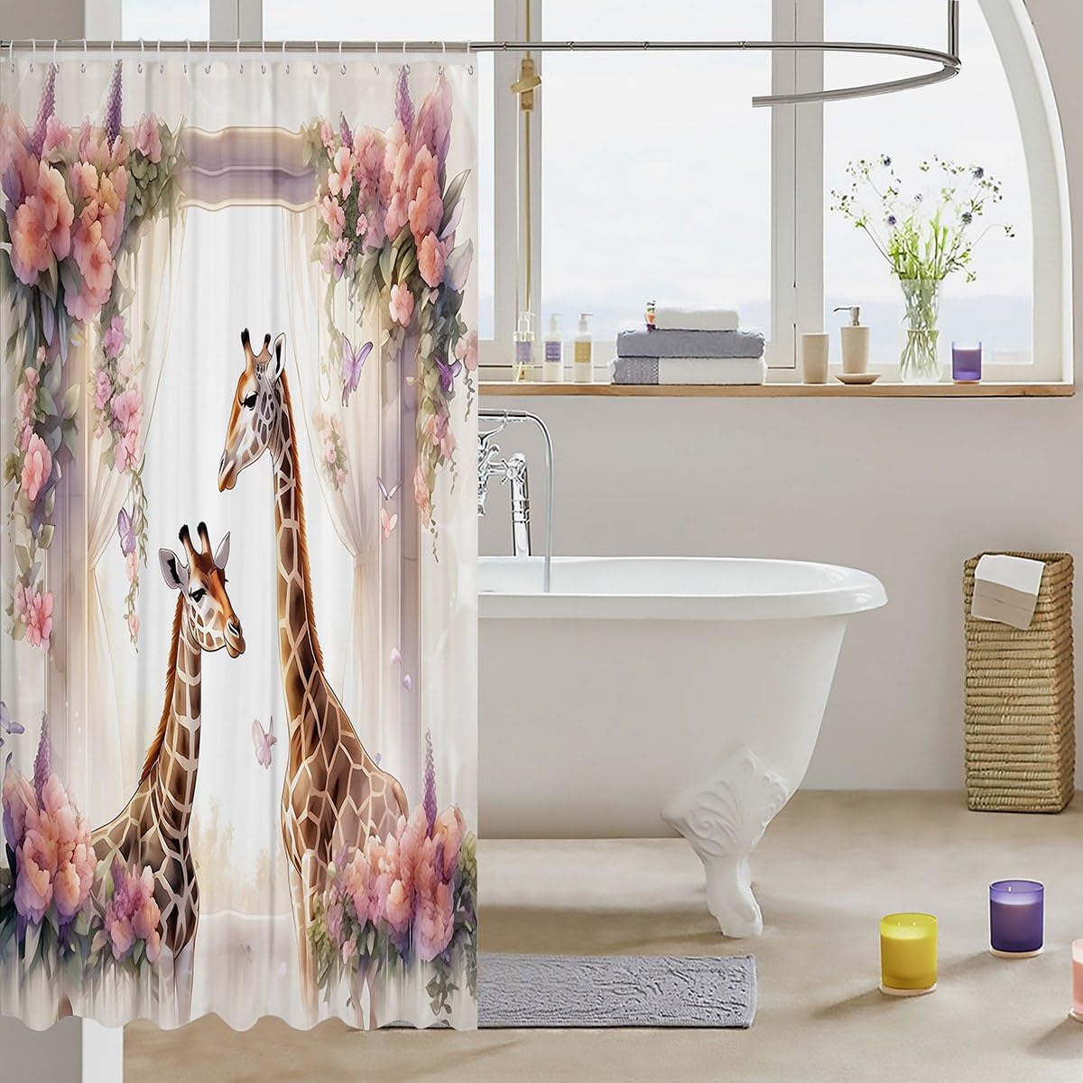 Giraffe Couple Shower Curtain,Pink Rose Flower Bathroom Curtain for Kids Girls Women Adult Room Decor,Romantic Wedding Theme Waterproof Curtain Wild Animals Lover Bath Curtain,12 Hooks,72" Wx78 L