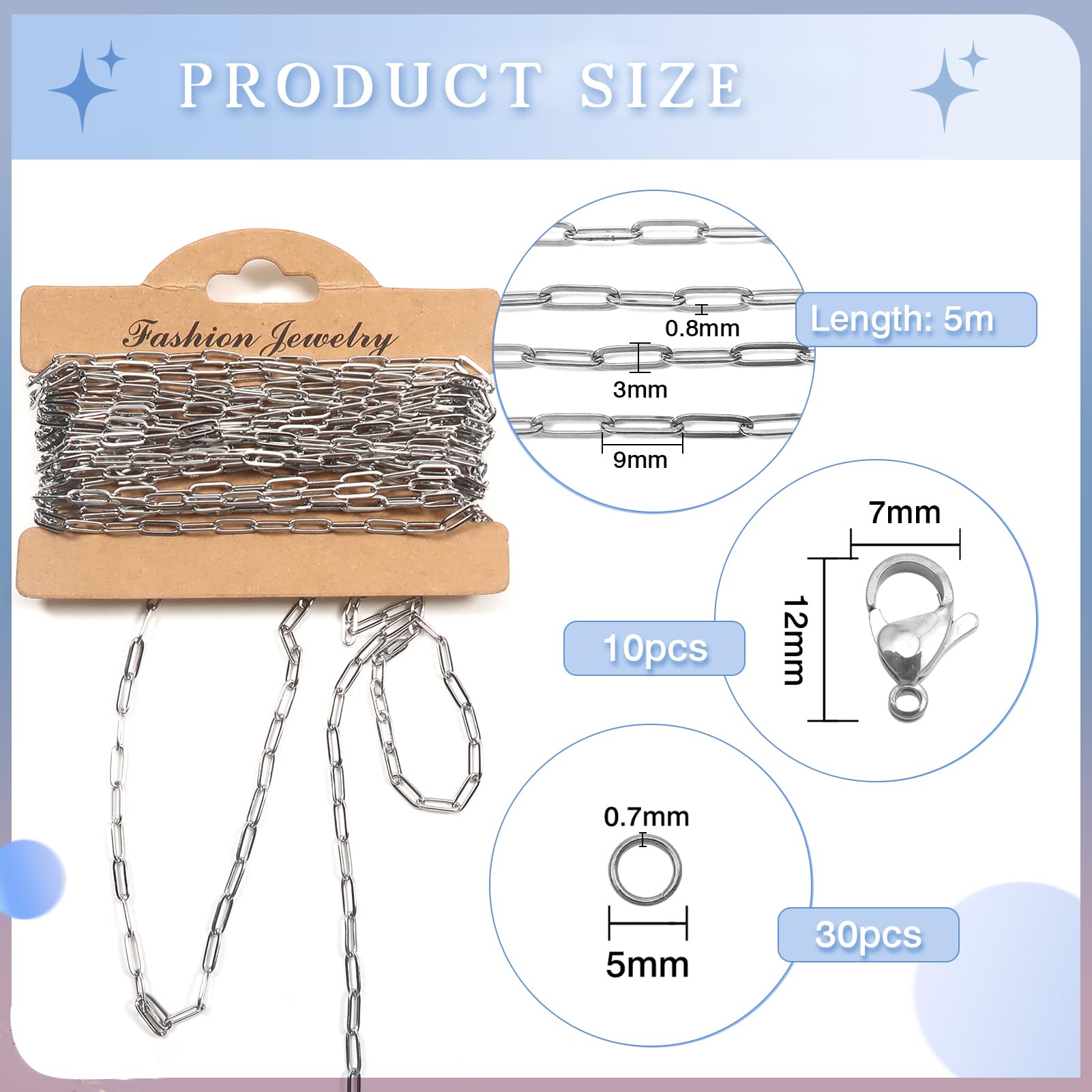 TOAOB Schakelketting, 10 m, roestvrij staal, sieradenketting