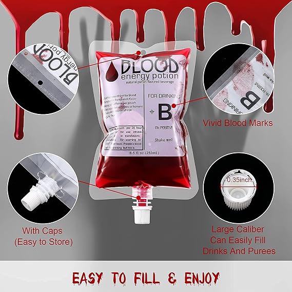 20 Pcs Blood Bag for Drinks, 250ML Reusable IV Blood Bag Halloween Drinking Pouch Drink Storage Bag Halloween Beverage Juice Bag for Zombie Vampire Halloween Party Supplies