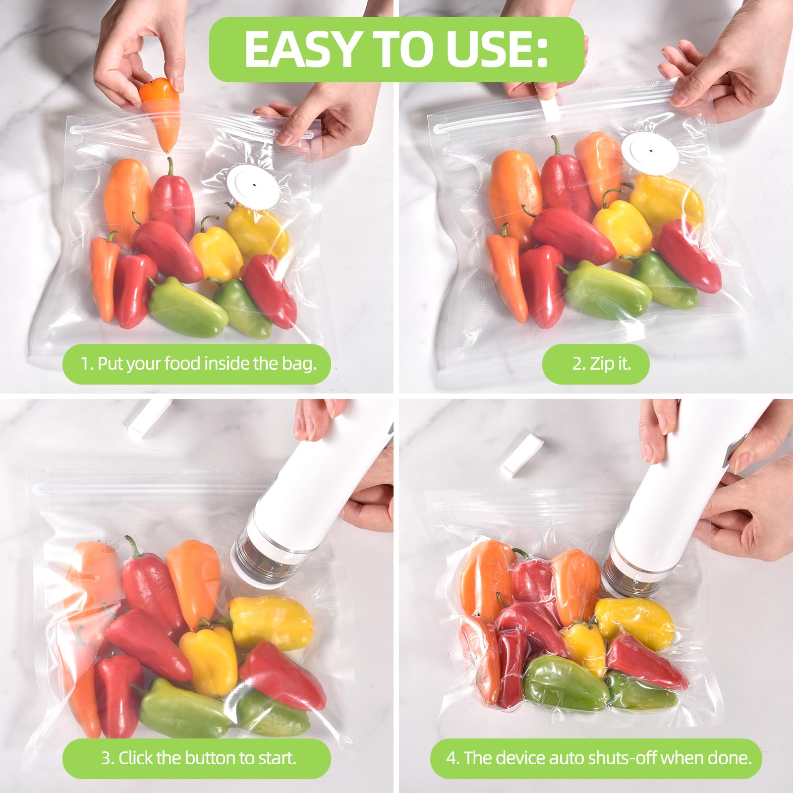 Sellador al vacío para alimentos (máquina selladora al vacío + 30 bolsas de vacío reutilizables) potente máquina selladora al vacío de mano, sella ahorrador de comidas, sellador de alimentos portátil