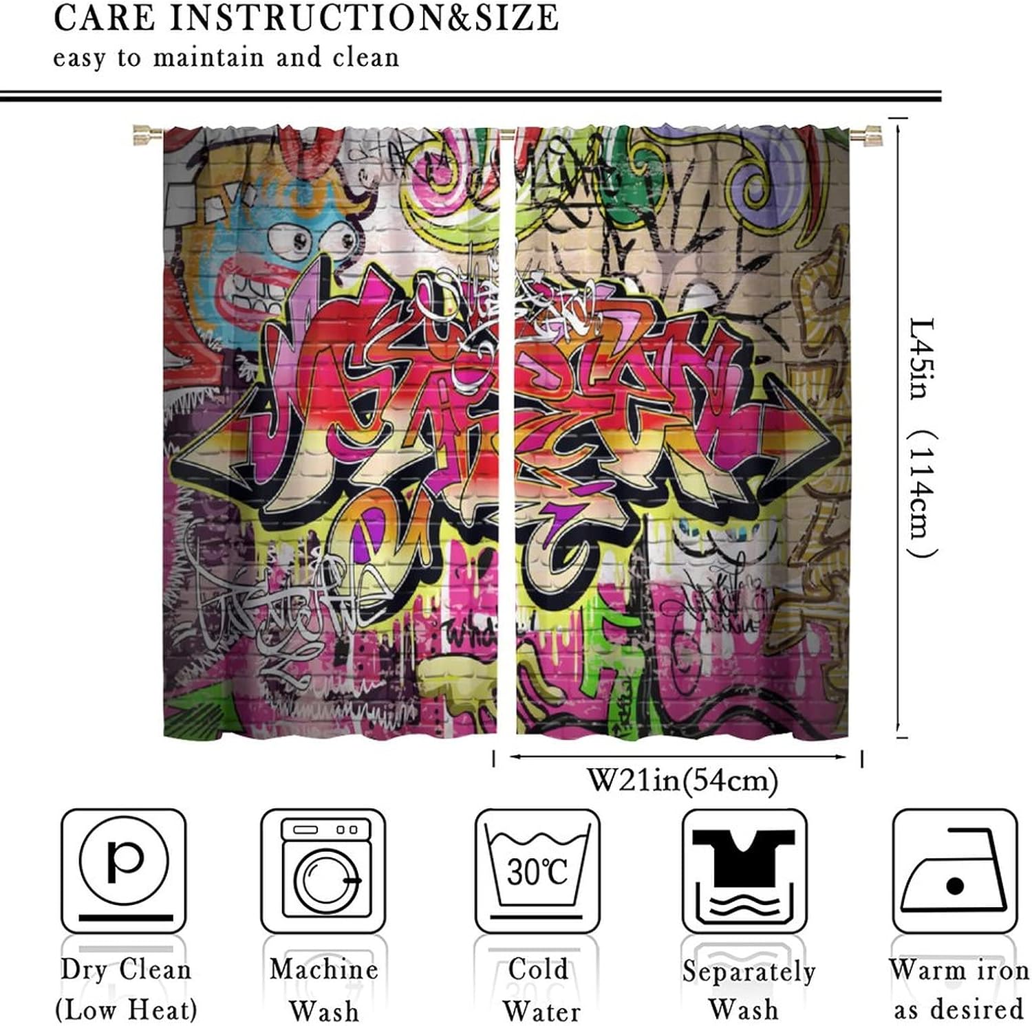 Brick Wall Curtains,Graffiti Grunge Art Wall Modern City Urban Landscape Print Curtains for Teens Bedroom Living Room Kitchen Café Window Drapes 2 Panel Set,Total Size 42" x 45"