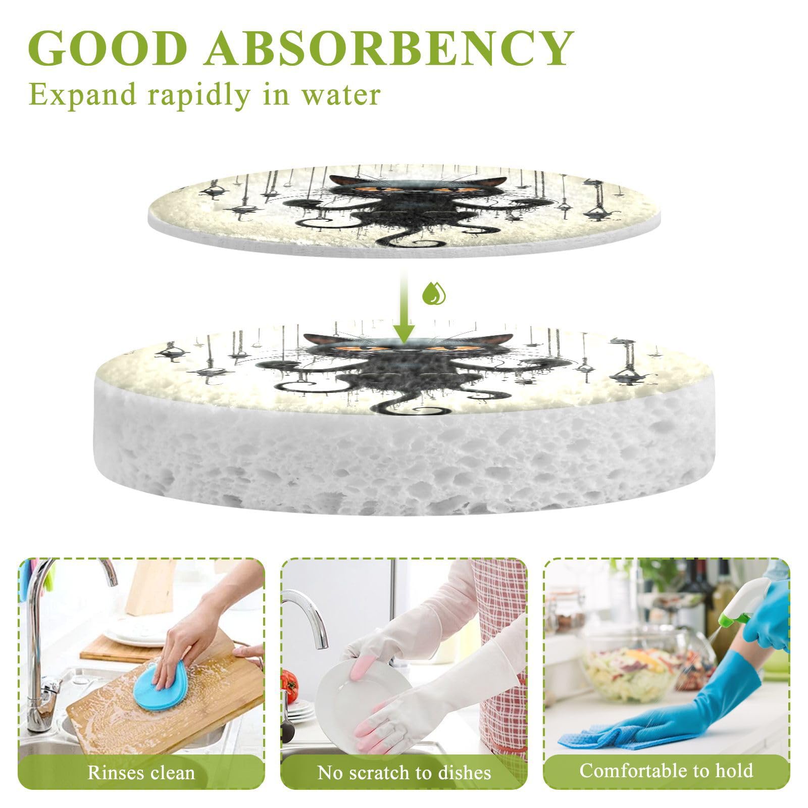 Coikll Black Cat Kitchen Sponges Cleaning Odor Free Non Scratch Dish Sponge for Cleaning Dishes Bathroom - 3 PCS
