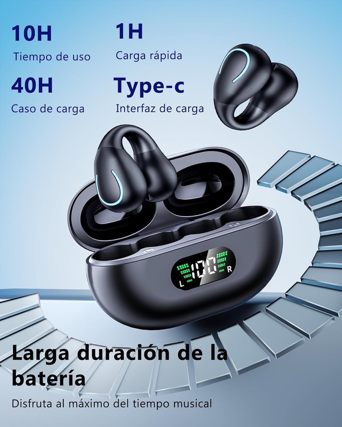 Paekole Auriculares Inalámbricos Bluetooth 6.1 Open Ear Clip 80H IPX7 | Clip oreja, Audio Direccional, 80H batería, Pantalla LED, driver 16.3mm, IPX7, Bluetooth 6.1, botón físico, carga USB-C