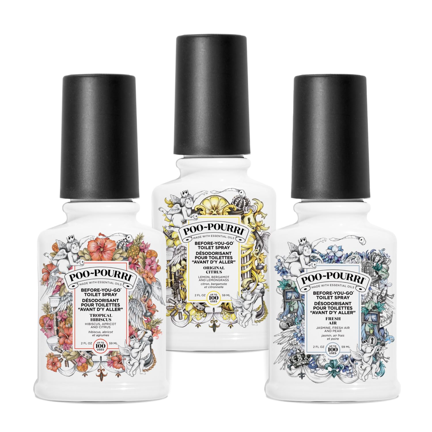 Pourri Bright & Tropical Ambientadores de baño – The Getaway Kit – 3 mini aromas de baño – Uso como ambientador de inodoro o desodorante de baño – Aire fresco, cítricos e hibisco tropical (3 unidades,