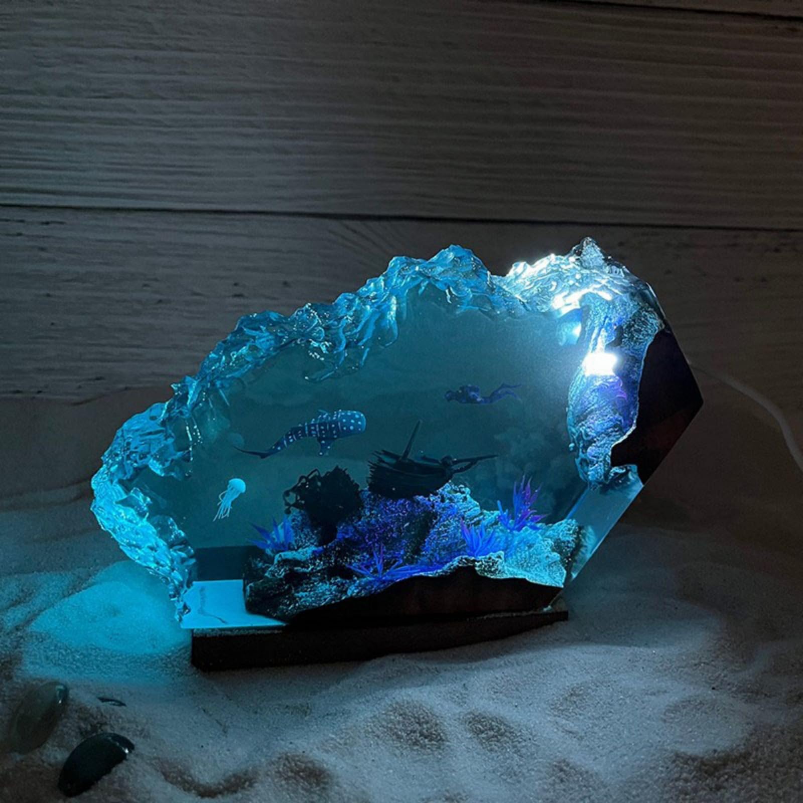 Drawelry Ocean Epoxy Resin Wood Lamp, Handmade Wave Shape LED Night Light, Deep Sea Diver Cave Diving Decor Multicolor Aquatic Lamp, Birthday Gift forMen Dad Family Friends (Whaleshark) โ image 1