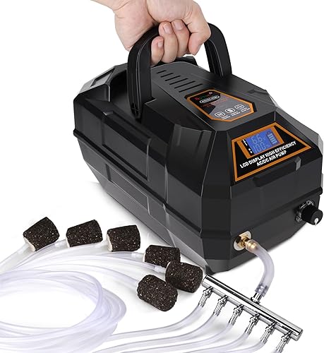 hygger Bomba de aire recargable para estanque de acuario, potente bomba de aire de tanque comercial silenciosa con manguera, válvula de retención de