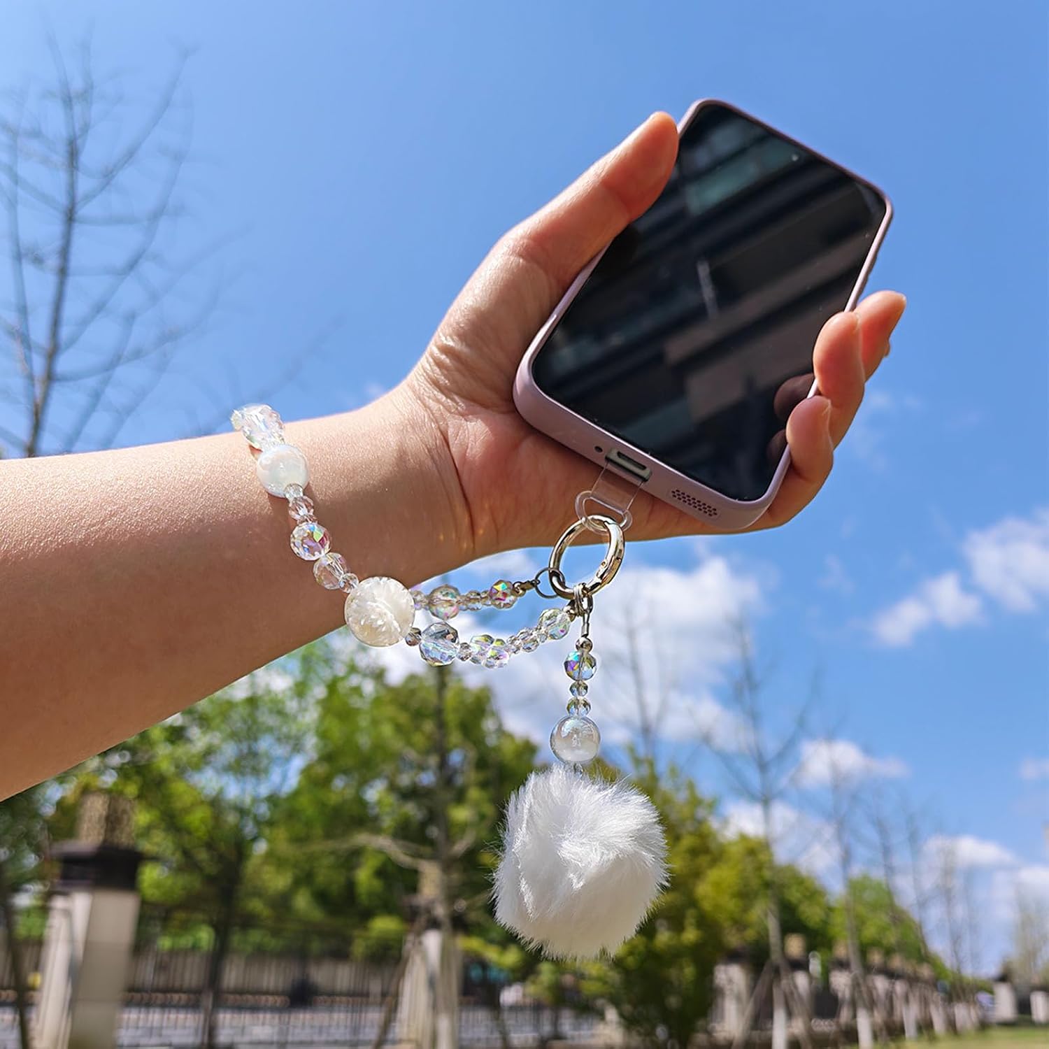 Crystal Beaded Phone Wrist Strap Charm Chain With Flowers Pom Pom