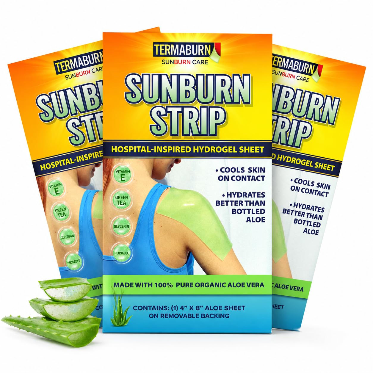 TermaBurn SunBurn Strip 3-Pack — Travel-Size Sunburn Relief Patches of Wearable Aloe Hydrogel | Cools on Contact, Soothes Without Sticky Mess | 100%