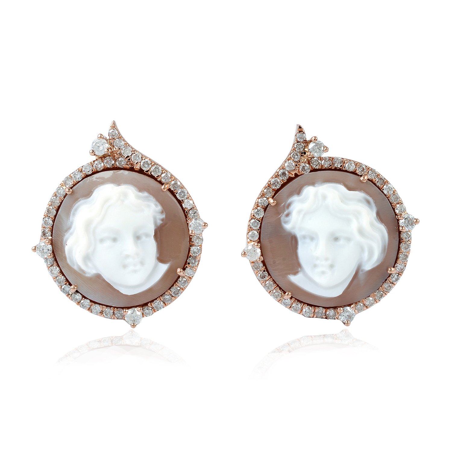 18K Rose Gold Shell Cameo Pave Diamond Stud Earrings for Women