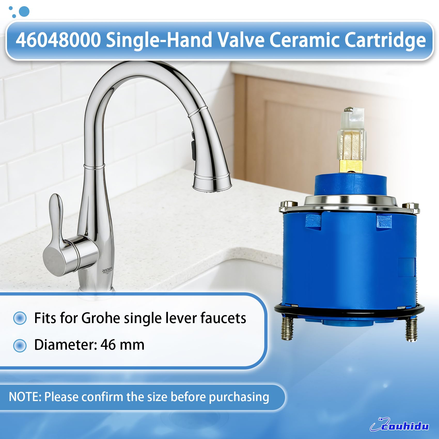 Cartucho de cerámica de válvula de una sola mano 46048000, apto para cartucho de grifo Grohe de 46 mm, grifos de una sola palanca, sin fugas