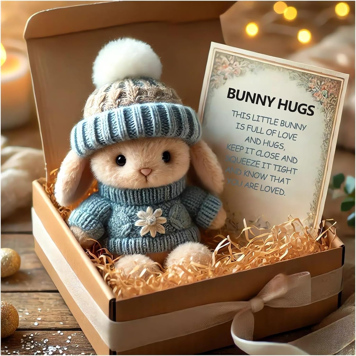 Handmade Mini Bunny Hug Cute Easter Gift with Card, Soft Plush Rabbit Mini Bunny Hugs in Box Easter Basket Bunny Stuffer Women Men for Inspirational Easters Gifts (Blue)