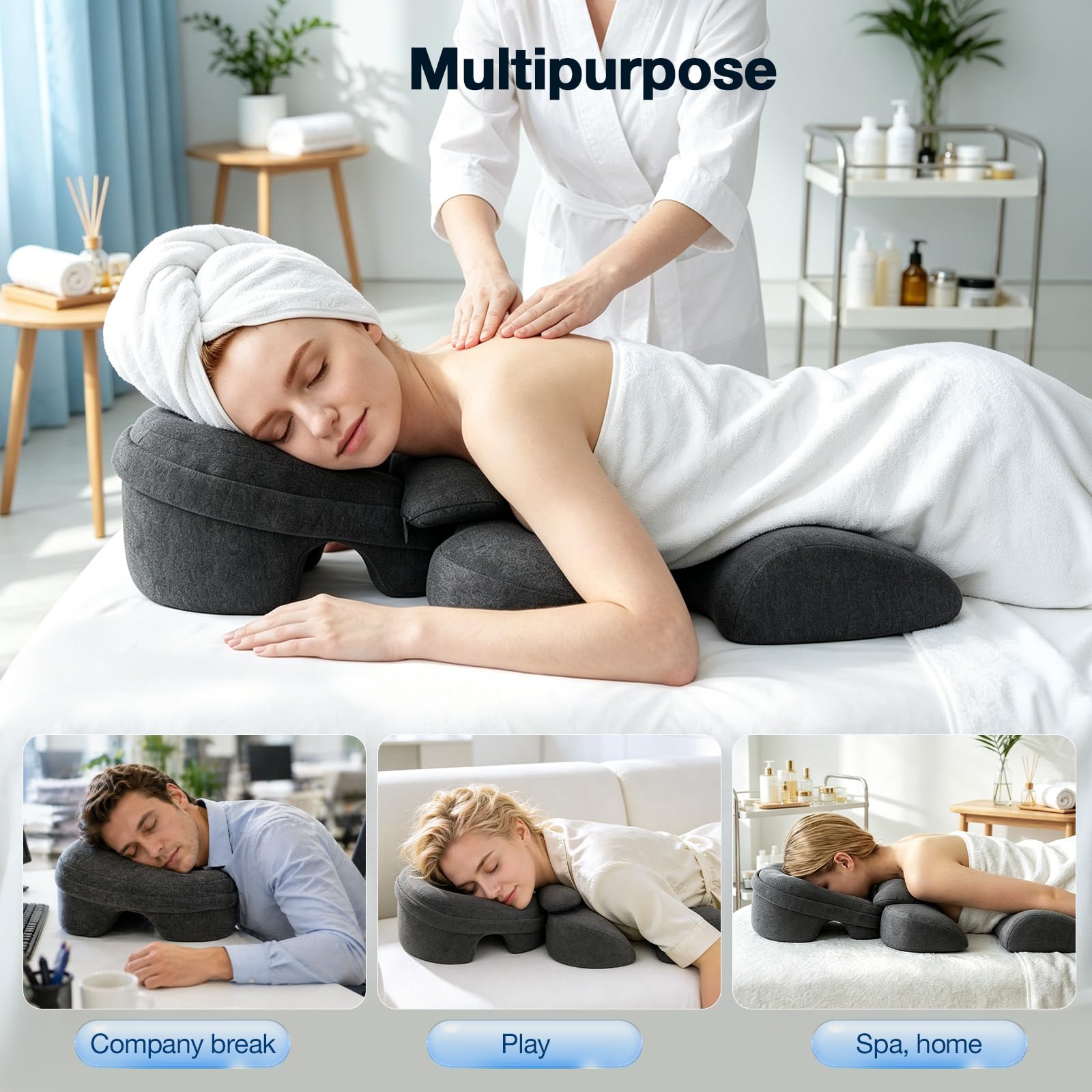 Poggiatesta massaggiante per letto, set da 3 pezzi, cuscino per il petto a T, cuscino per il viso con foro per testa e cuscino per il collo, supporto ergonomico per la posizione addominale
