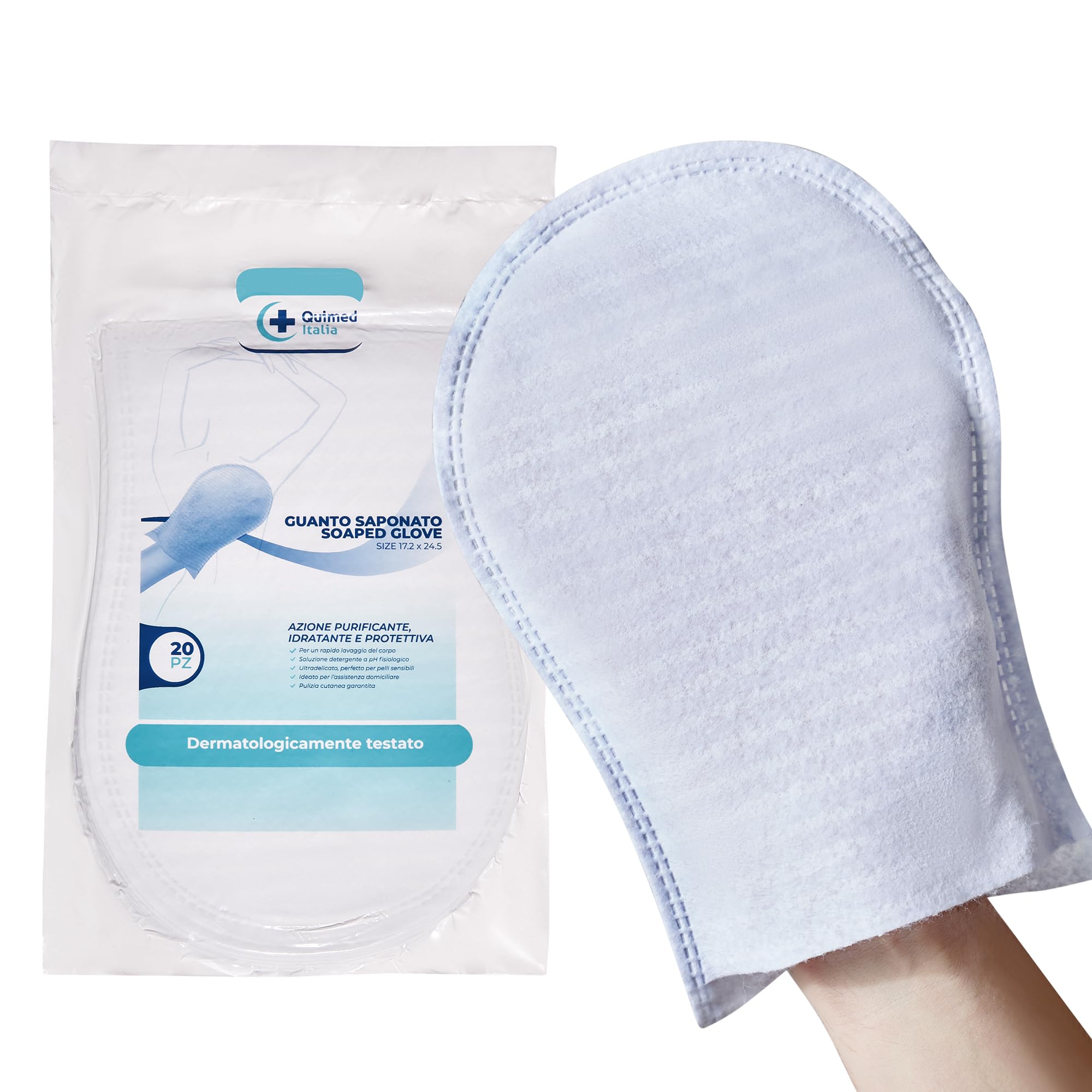 QUIMED ITALIA esponjas jabonosas desechables (paquete de 80) con limpiador de pH fisiológico super suave, esponja baño con jabón para bebe, adultos y mayores, manoplas baño como guantes desechables