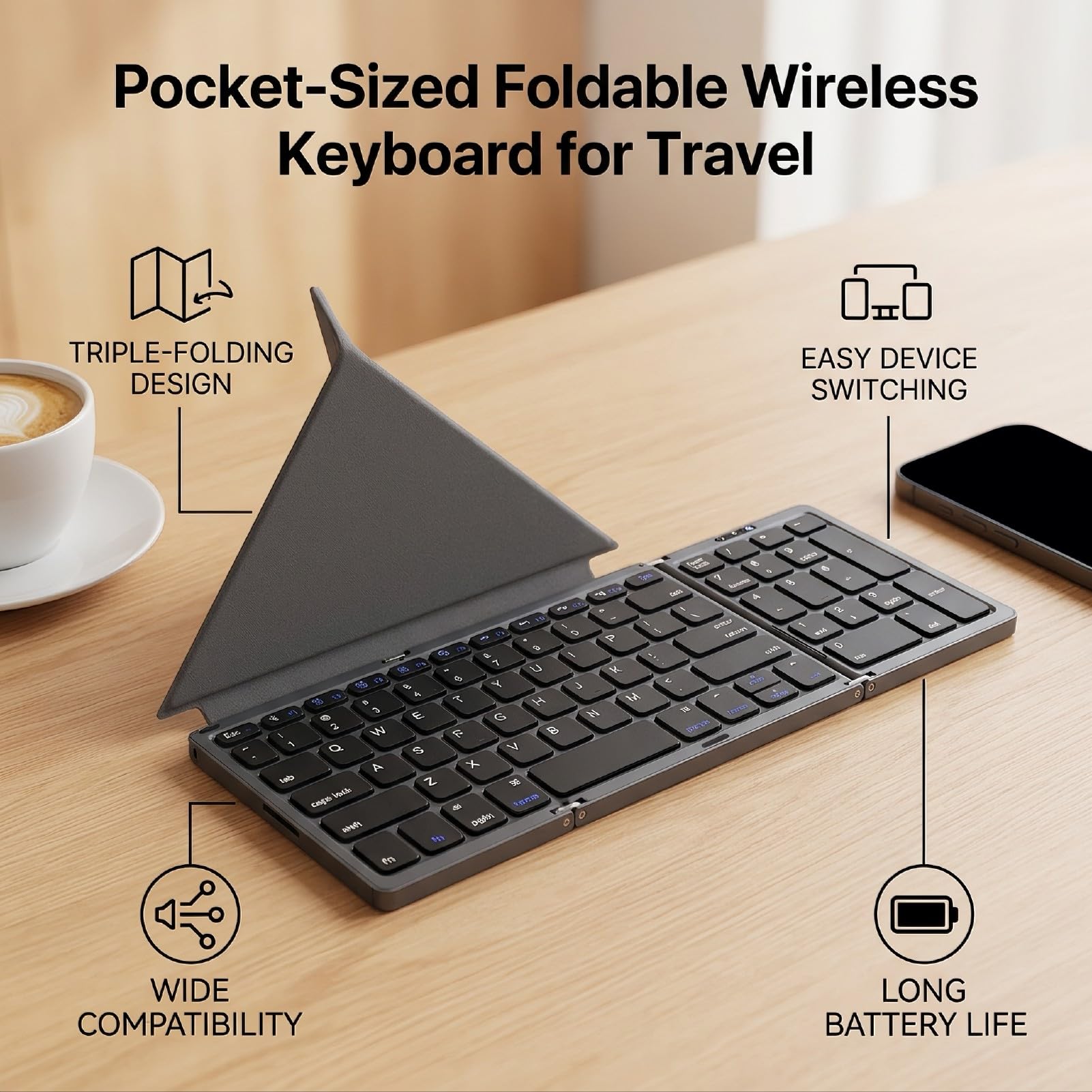 Tastiera WirelessPortatile Sottile Pieghevole con Supporto (GREY)