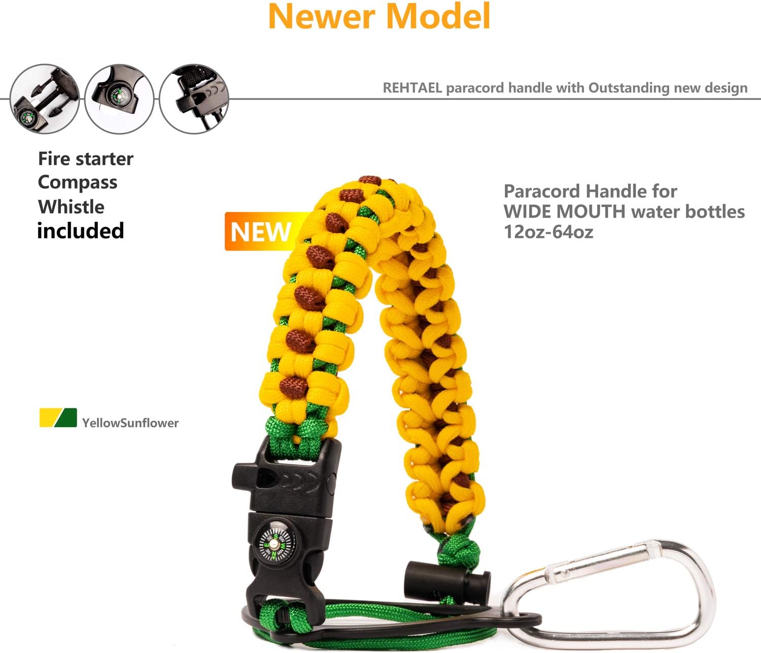 REHTAEL Paracord Handle for Hydro Flask, [Improved Design] Handle Carrier Strap Holder for Hydroflask with Safety Ring and Carabiner, Fits Wide Mouth Water Bottles 12oz - 64oz, Ideal Flask Accessories