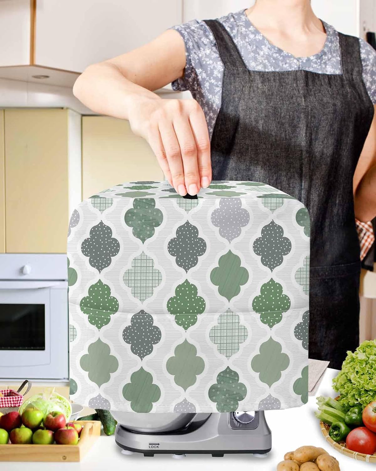 Green Geometric Stand Mixer Cover with Storage Pocket, Waterproof Kitchen Mixer Covers, Vintage Moroccan Rhombic Bohemia Gray Kitchen Appliance Dust Cover Compatible with 6-9 Quart Mixers