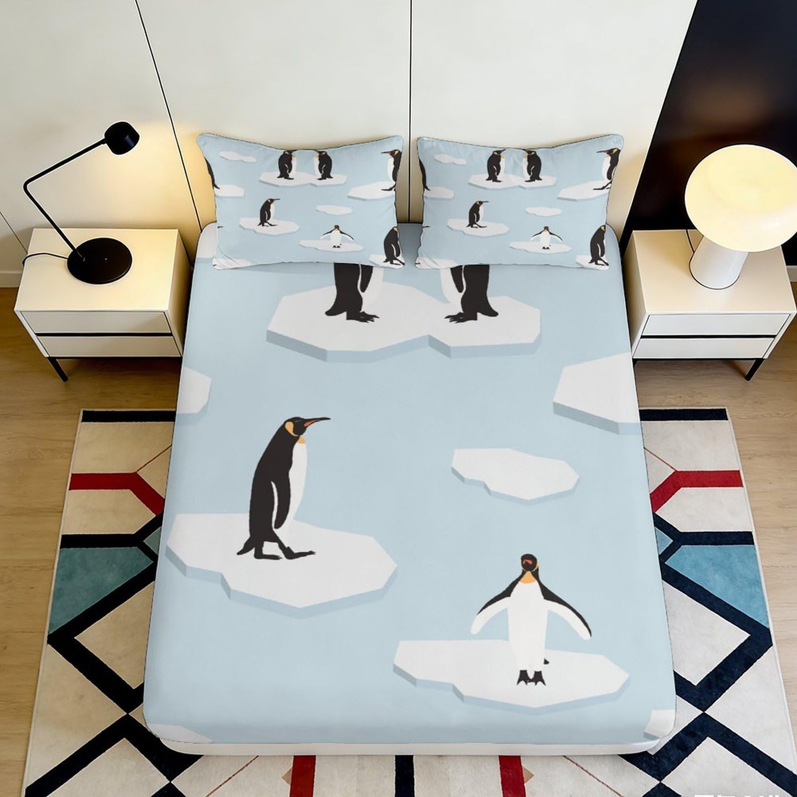 3D Printed Penguin Iceberg Fitted Sheet Microfiber Soft Blue Mattress Cover for Bedroom Guest Room Decor Protection 160x200x25cm