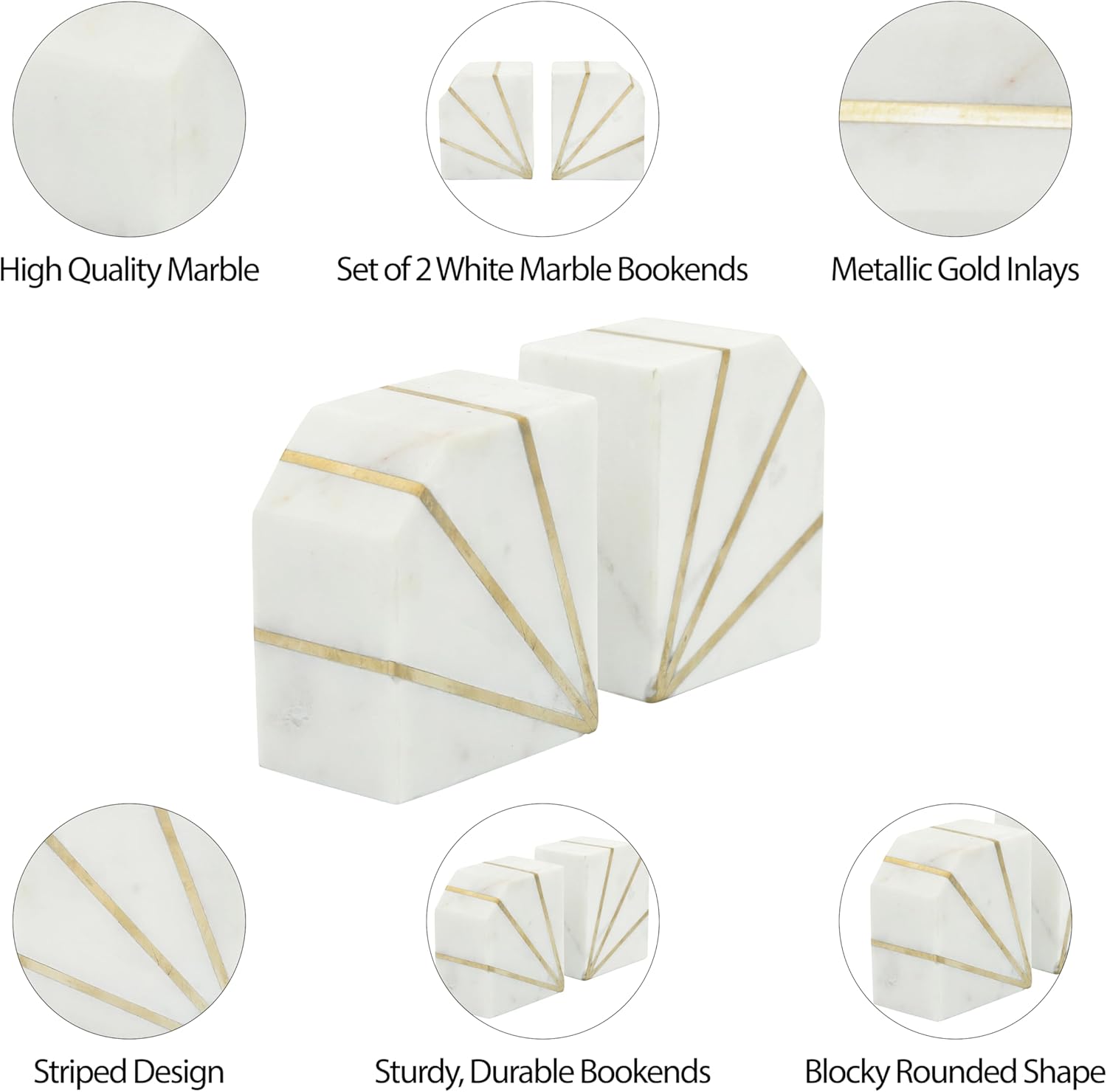 Sagebrook Home Set of 2 Marble Bookends with Inlay Stripes - Modern Heavy-Duty Decorative Stone & Metal Book Holders for Home, Office, Bedroom, or Living Room - 5" White