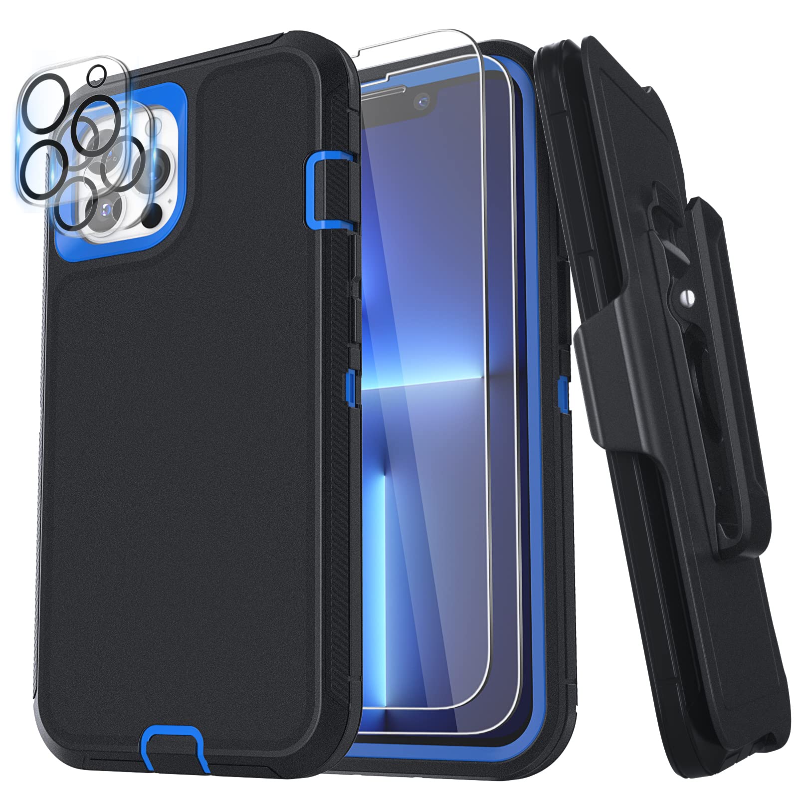 Case for iPhone 13 Pro Max 6.7 Inch with [2 x Screen Protector + 2 Camera Lens Protector + Belt-Clip], Military Grade Drop Protection, Full Body Rugged Heavy Duty Cover (Black Blue+Clip)
