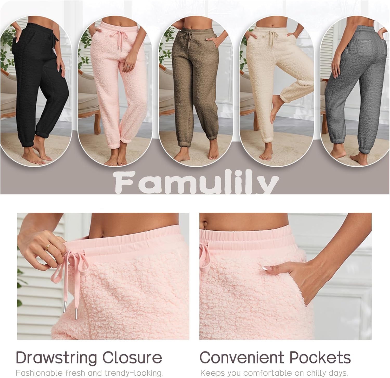 Famulily Womens Winter Sherpa Fleece Sweatpants Drawstring Waist Joggers Pants Thick Thermal Trousers with Pockets - Image 5