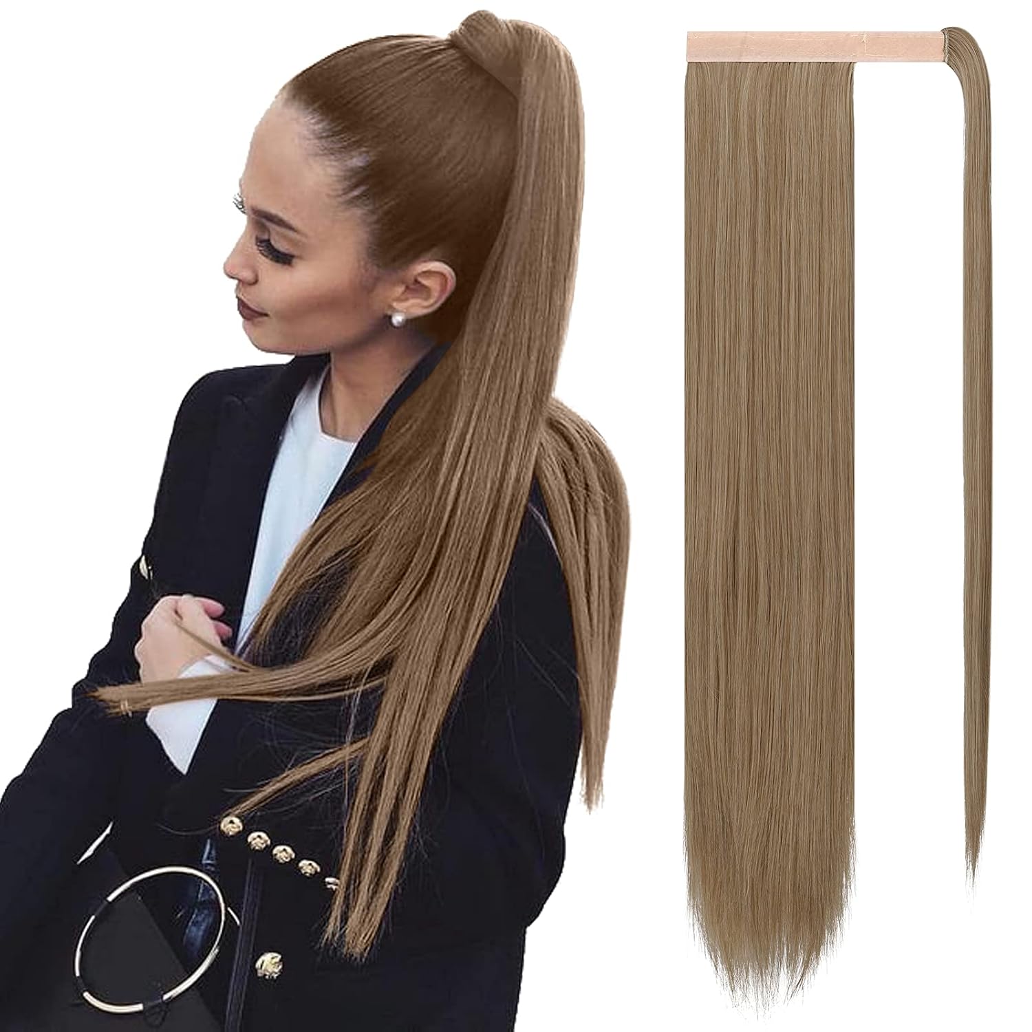 SOFEIYAN Long Straight Ponytail Extension 26 inch Wrap Around Ponytail Synthetic Hair Extensions Clip in Ponytail Hairpiece for Women, Strawberry Blonde & Bleach Blonde
