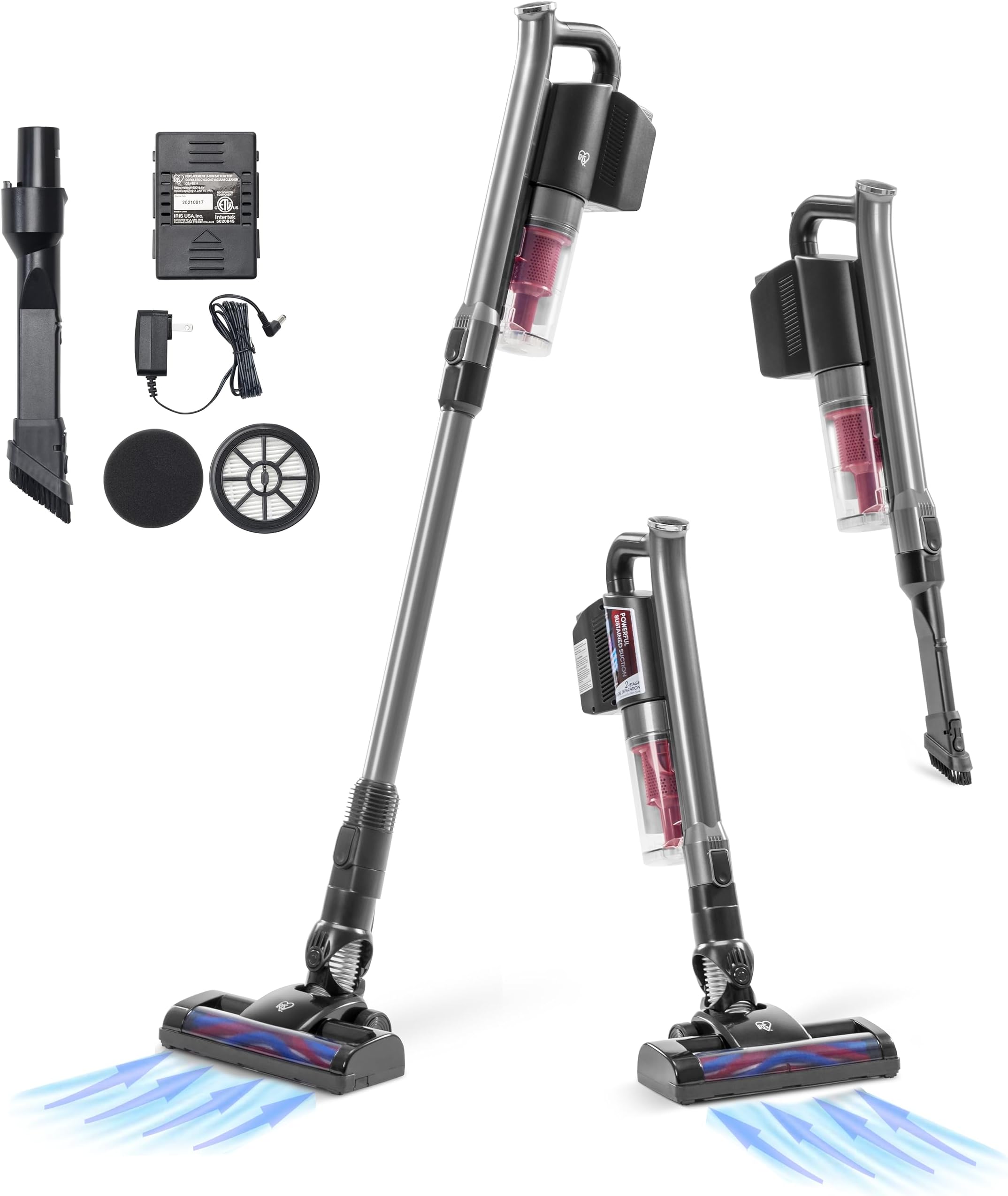 IRIS USA Cordless Cyclone Vacuum Cleaner w/Motorized Brush Head, 2-in-1 Attachment, 60 RPM Self Standing Suction Stick with Rechargeable Battery, Hard Floor Rugs Carpet Home Office, 35 Min. Run Time