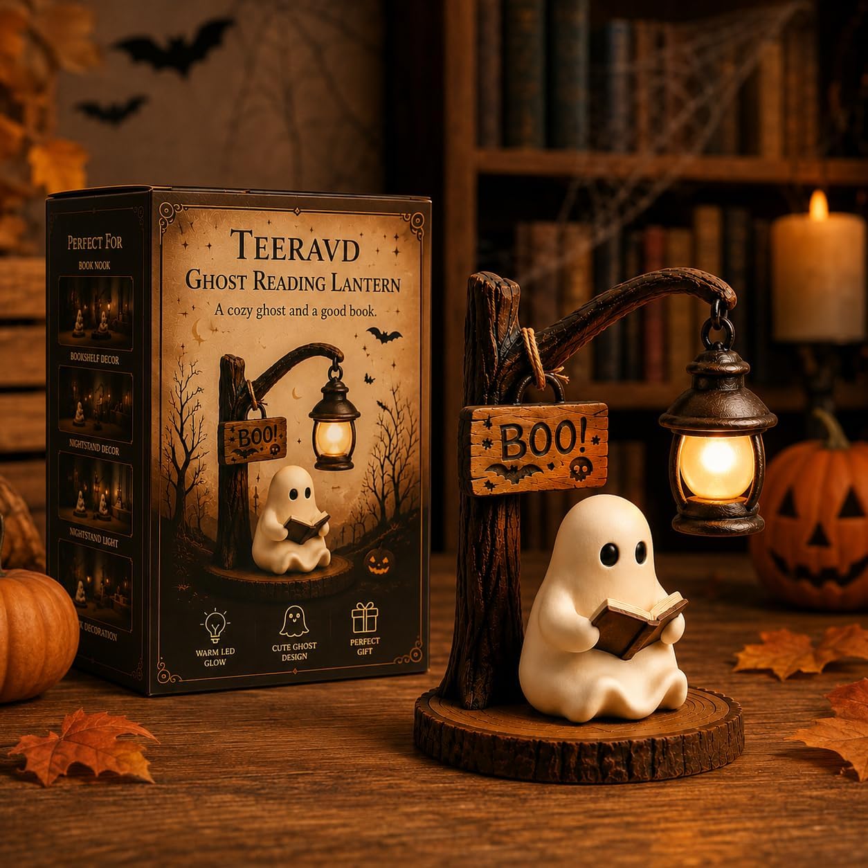 Cute Halloween Lamp Ghost Bookshelf Lantern Nightlight Reading Book Nook Decor Night Light Lighted Vintage Patchwork Boo Letter Spooky Glow Style Desk Tree 3D Glowing Figurine Decorative