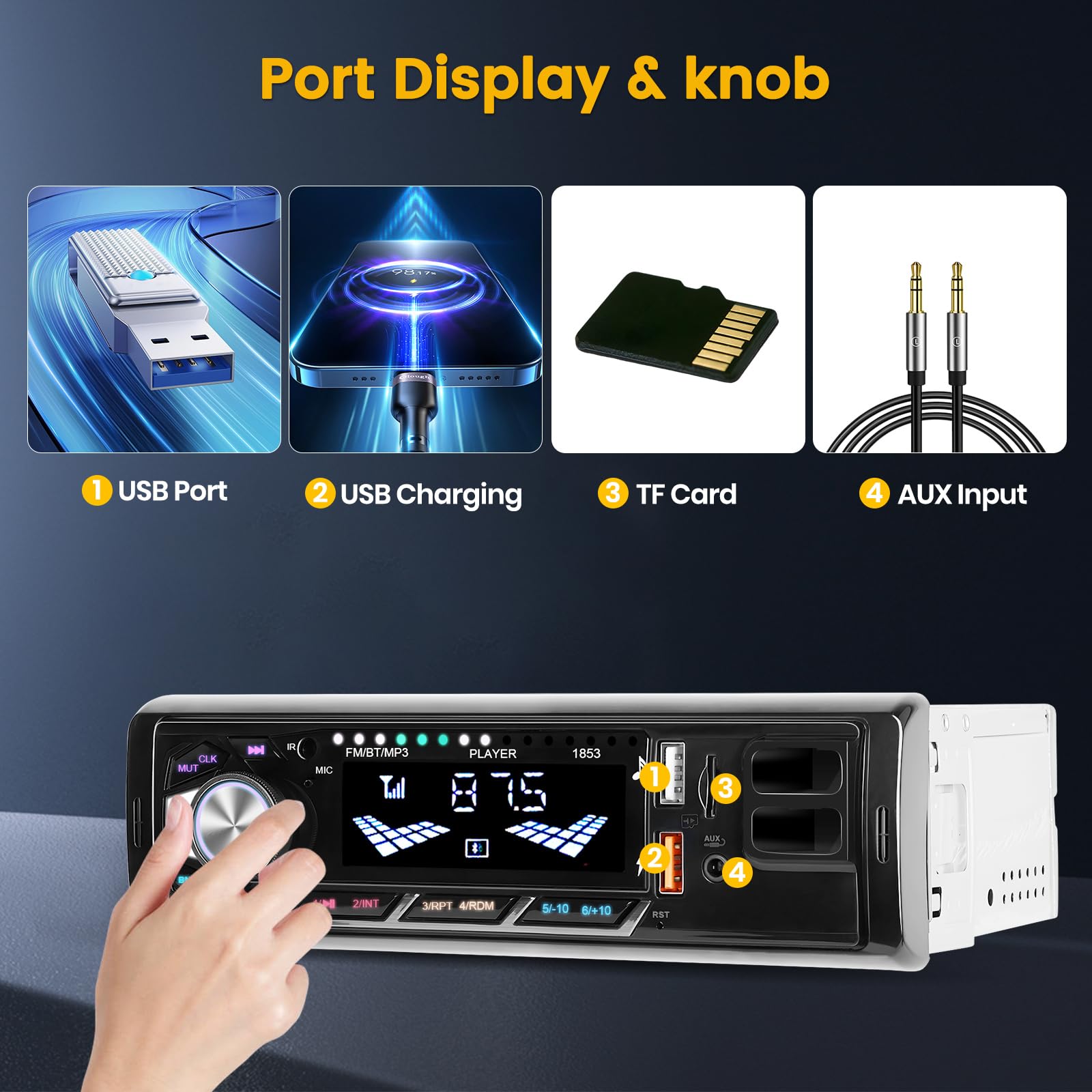 Hikity 1 Din Bluetooth 5.0 Autoradio mit Halterung für Mobiltelefon, 360 Grad Drehbar für Navi, Radio mit Bluetooth Freisprecheinrichtung 2 USB/Schnellaufladung/U Disk/FM/TF/AUX/4 * 45W