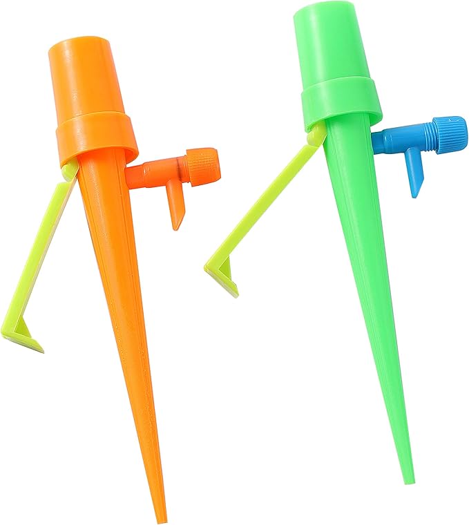 Adjustable water flow spikes, plant watering devices, self