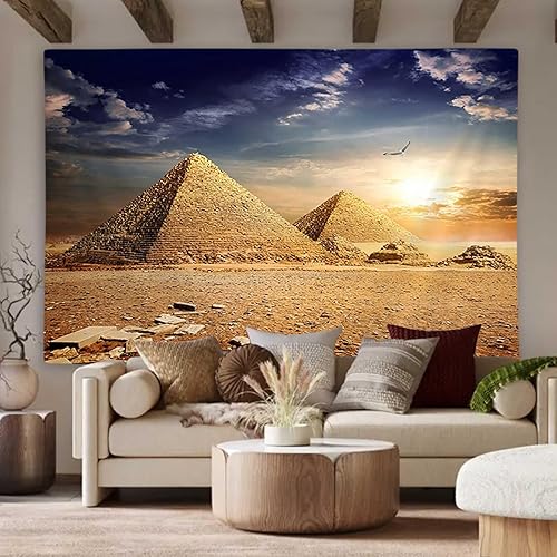 JAWO Tapiz de viaje Egipto para colgar en la pared, pirámides egipcias historia en el desierto y pájaro águila voladora, naturaleza sol, decoración