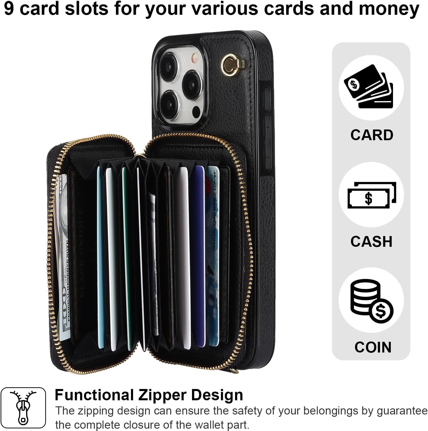 Bocasal Crossbody Wallet Case for iPhone 15 Pro Max, RFID Blocking Leather Purse Case with Card Holder, Protective Handbag Flip Cover with Zipper Wrist Strap Lanyard for Women 5G 6.7 Inch (Black) - Image 3