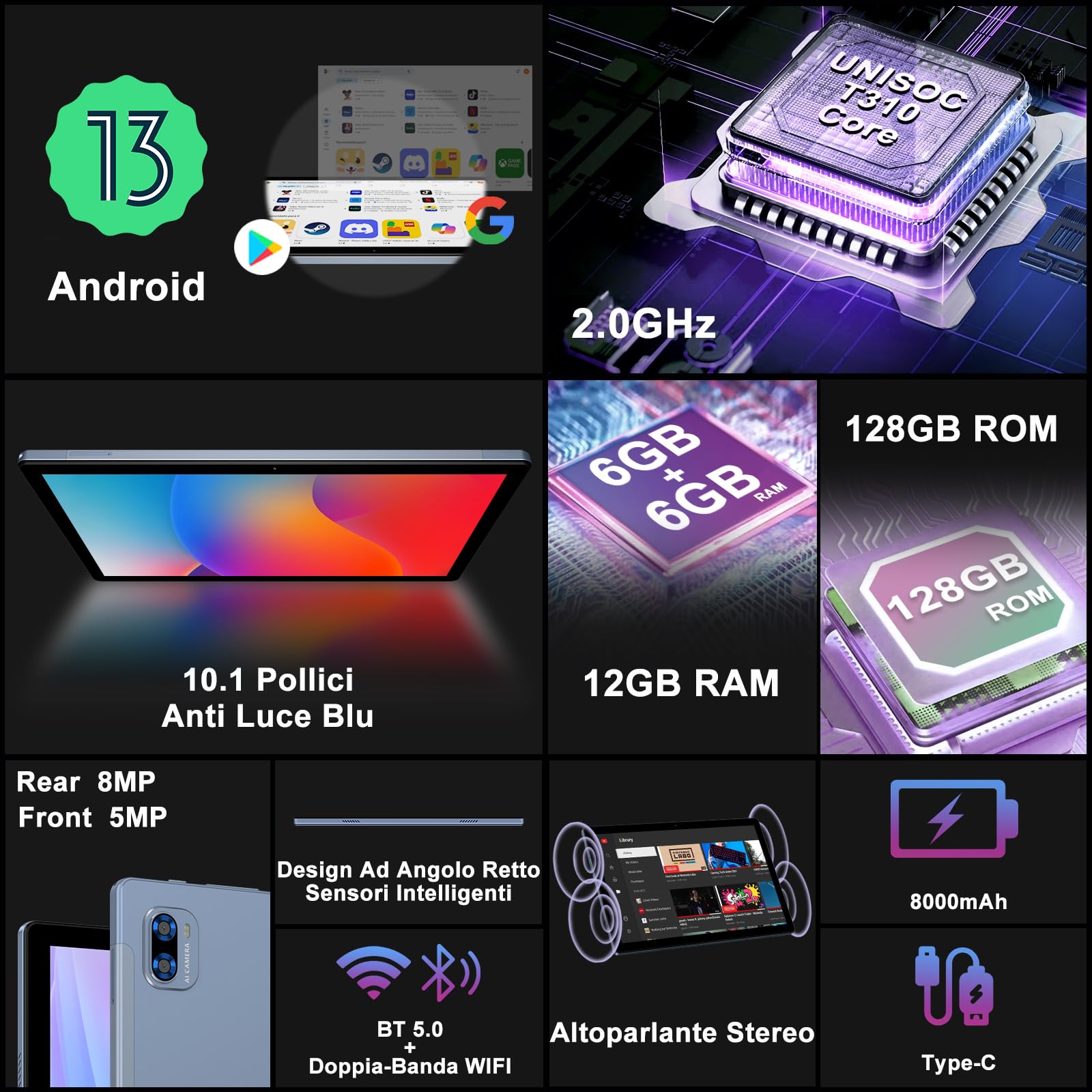 Tablet Android, 12GB RAM, 128GB ROM (expandable up to 1TB), 8000mAh, Widevine L1, BT5.0, with Mouse,Protective cover - Gray